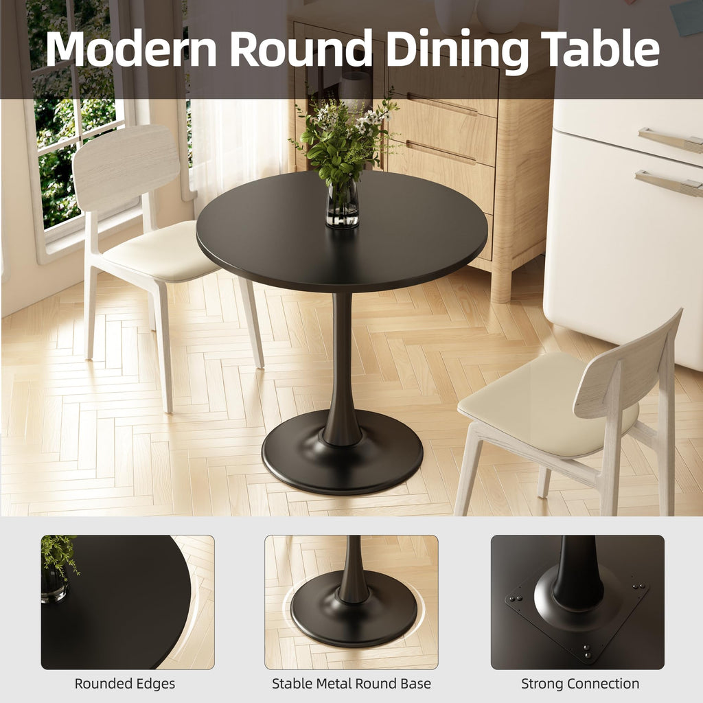 Kasinali Round Dining Table 30" Circle Tulip Table with Wood Thickened Tabletop & Sturdy Metal Pedestal Mid Century Modern Leisure Bistro Kitchen Tables 4 People Small Places Living Room Cafe,Black