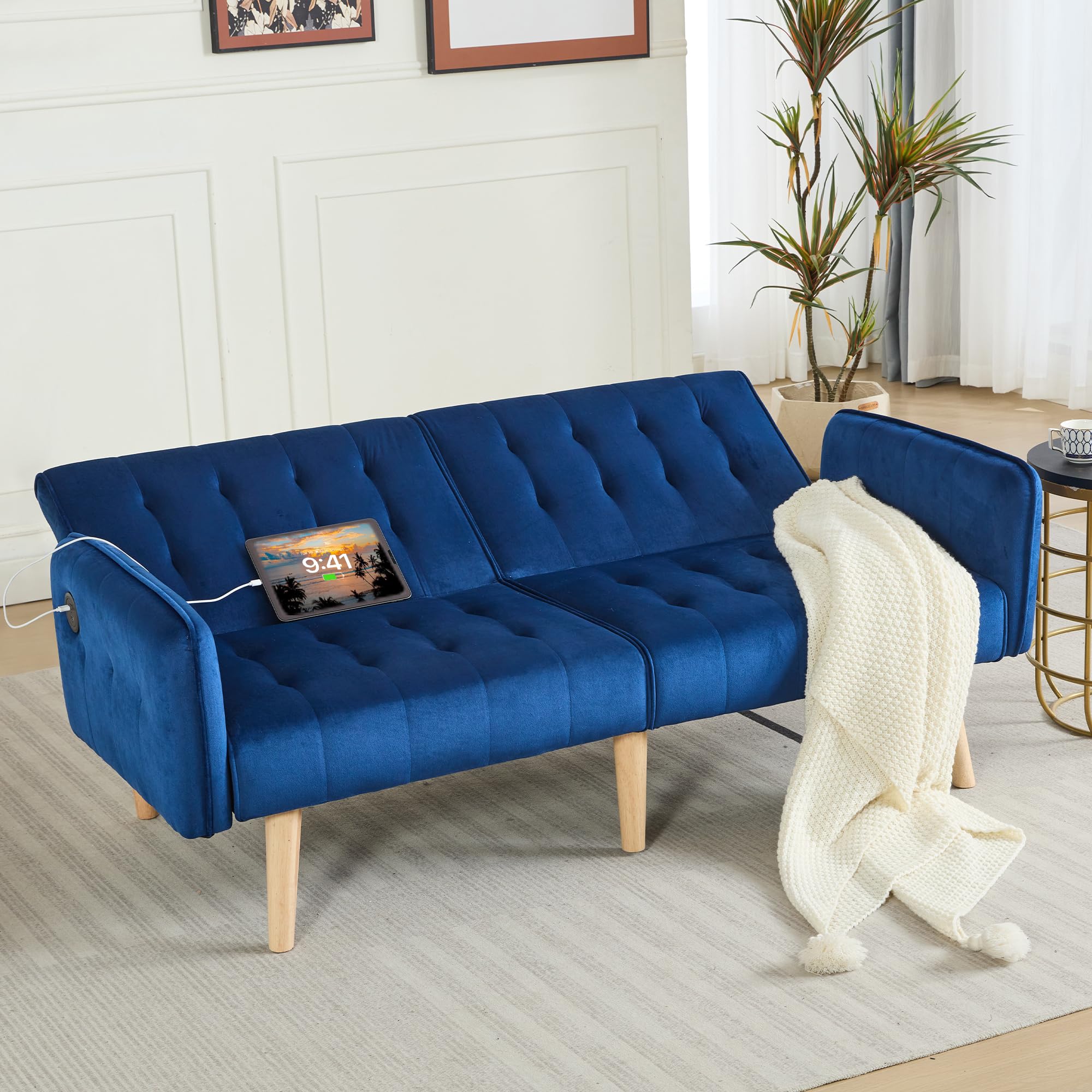 62.99" W Velvet Modern Convertible Folding Futon Couch Sofa Bed w/ 2 USB Charging Ports for Compact Living Space, Small Couches for Office, Dorm, RV Room, Apartment, Bedroom (Navy Blue)