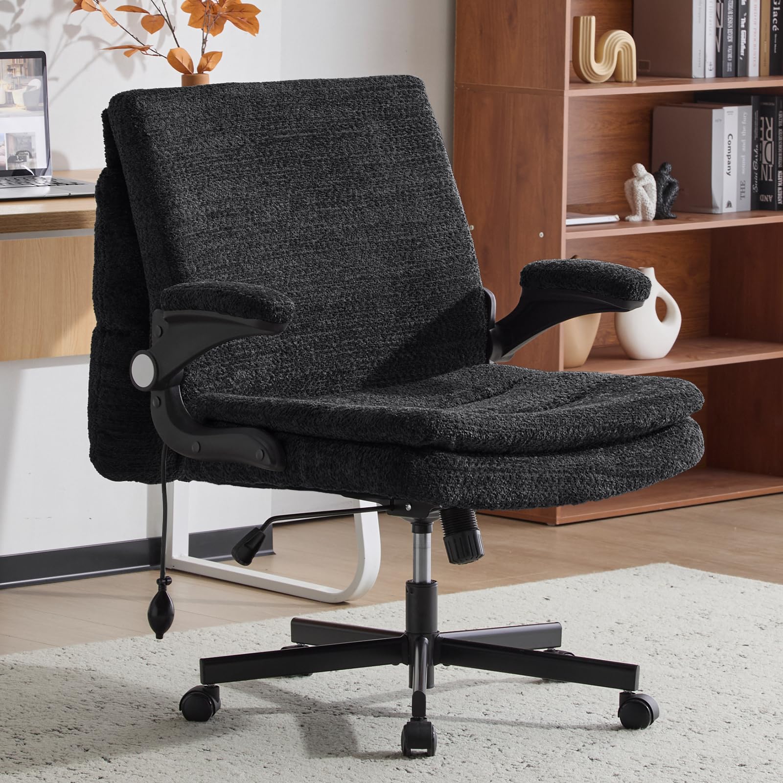 Criss Cross Office Chair with 2 in 1 Inflatable Flip-up Back, Ergonomic Wide Seat Desk Chair with Adjustable Arms and Wheels, Cross Legged Office Chair for Home & Office, Black