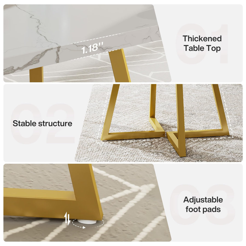 31.5" Square Conference Table Set of 6, 8 ft Industrial Office Meeting Table for 8-10 People, Business Podcast Furniture with Metal Base for Small Spaces, Office Conference, White & Gold