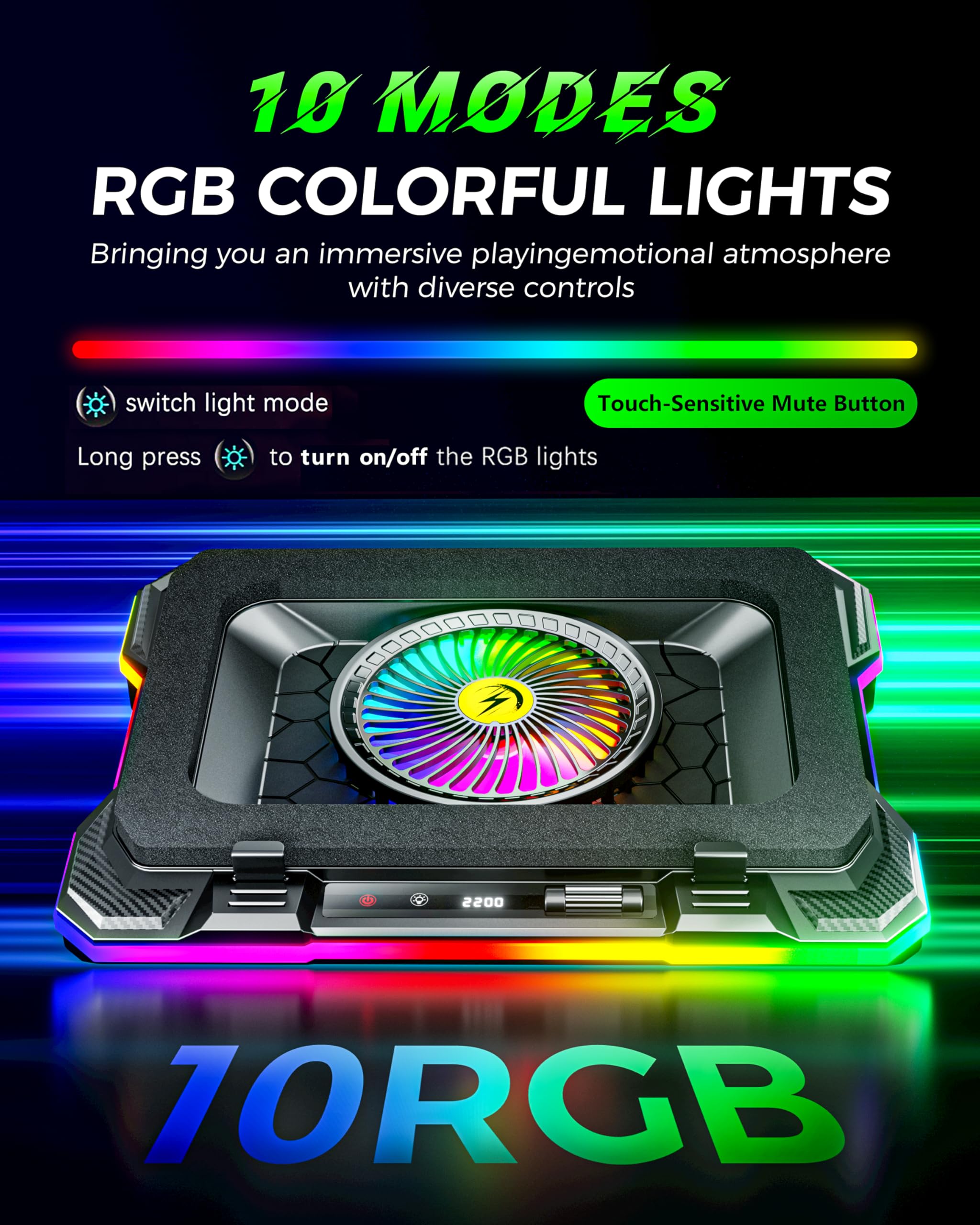RGB Laptop Cooling Pad with 5.5" Turbo Fan, Rapid Cooling for 15.6-19.3" Laptops, Variable Speed Control, 7 Adjustable Heights - K1 5V RGB
