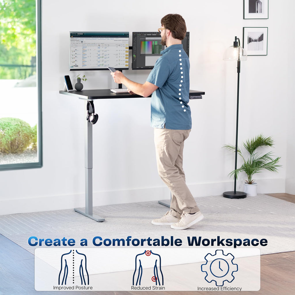 Electric 48 x 30 in Standing Desk, Memory Height Adjustment, 1B Series, Holds 220 lbs, One-Piece Black Top, Gray Frame