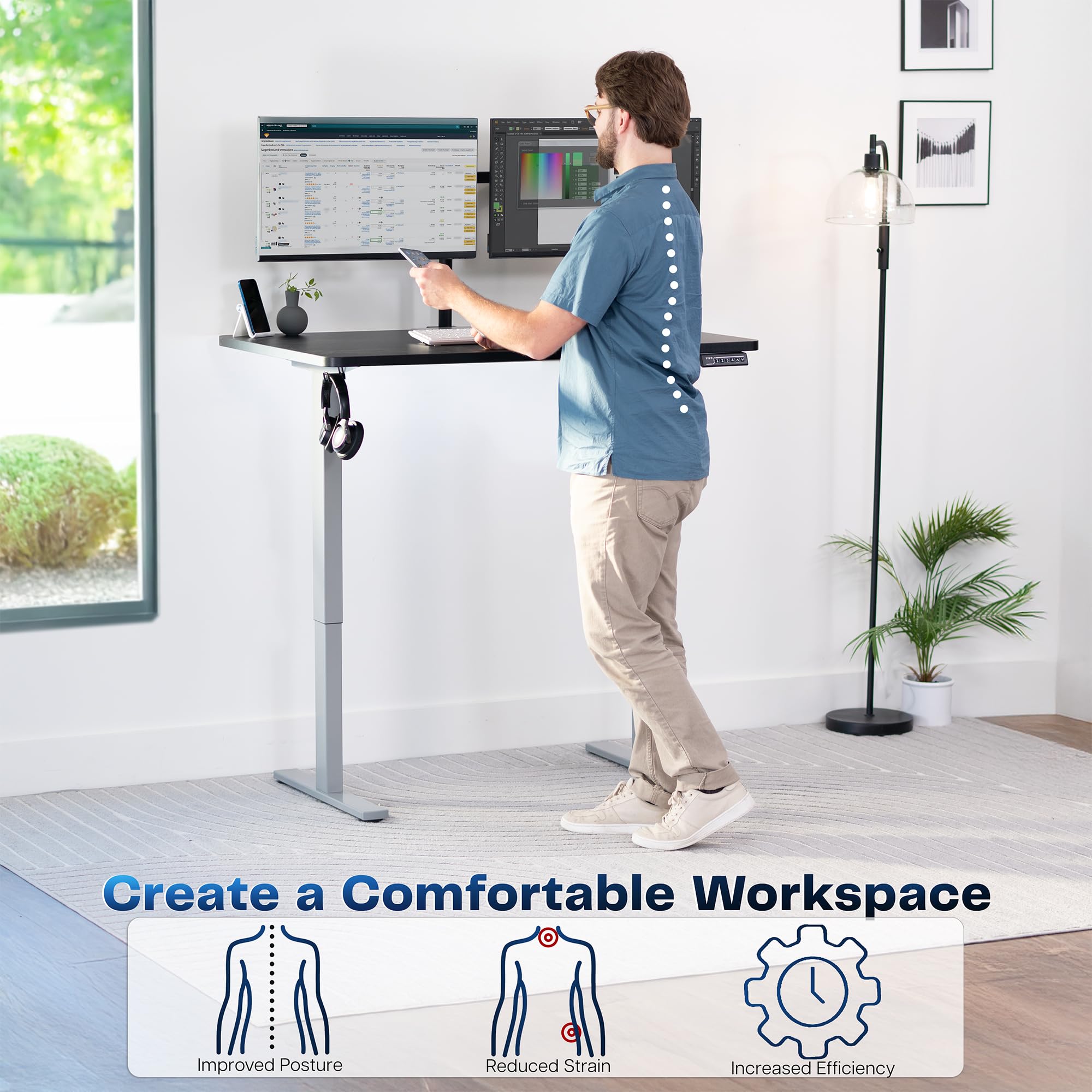 Electric 48 x 30 in Standing Desk, Memory Height Adjustment, 1B Series, Holds 220 lbs, One-Piece Black Top, Gray Frame