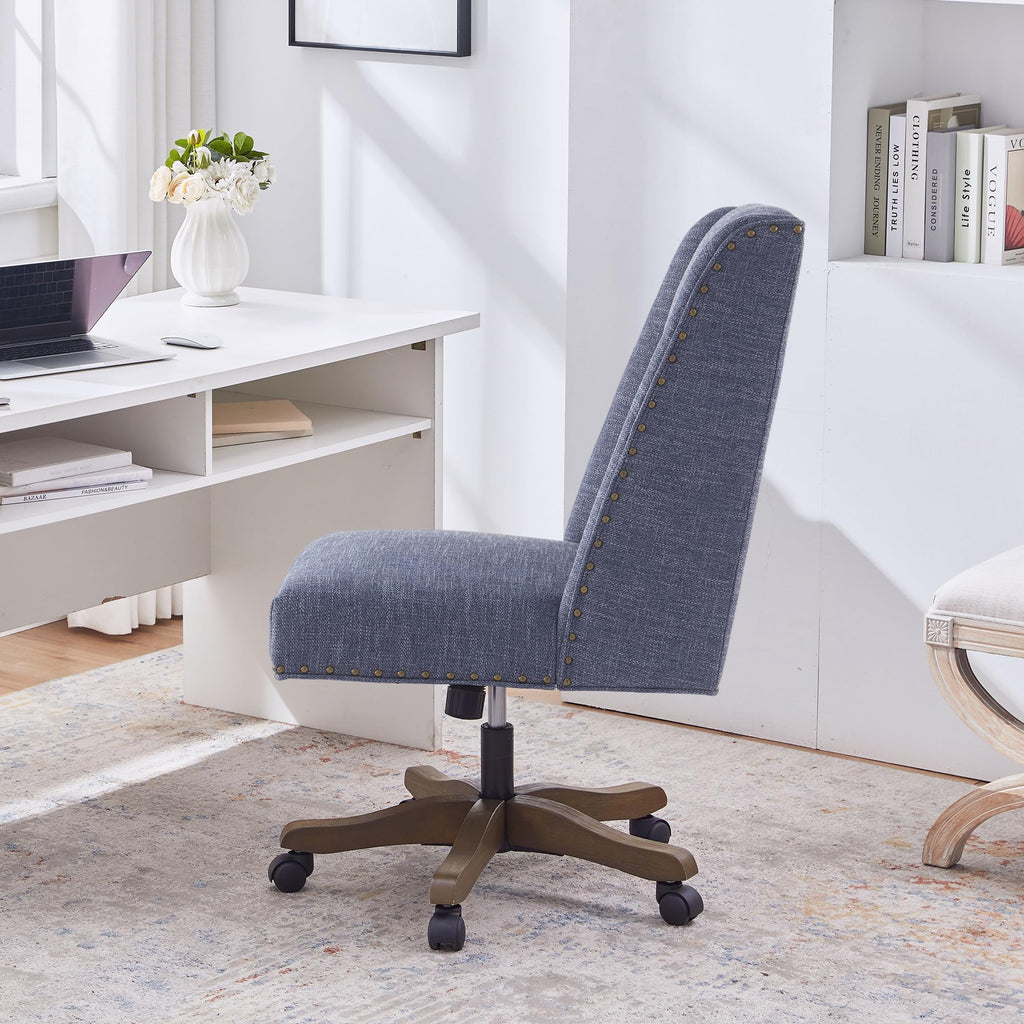 Armless Office Chair with Wooden Legs, Modern Adjustable Upholstered Office Desk Chair No Arms Computer Chair Swivel Chair for Home Office Study Studio (Blue)