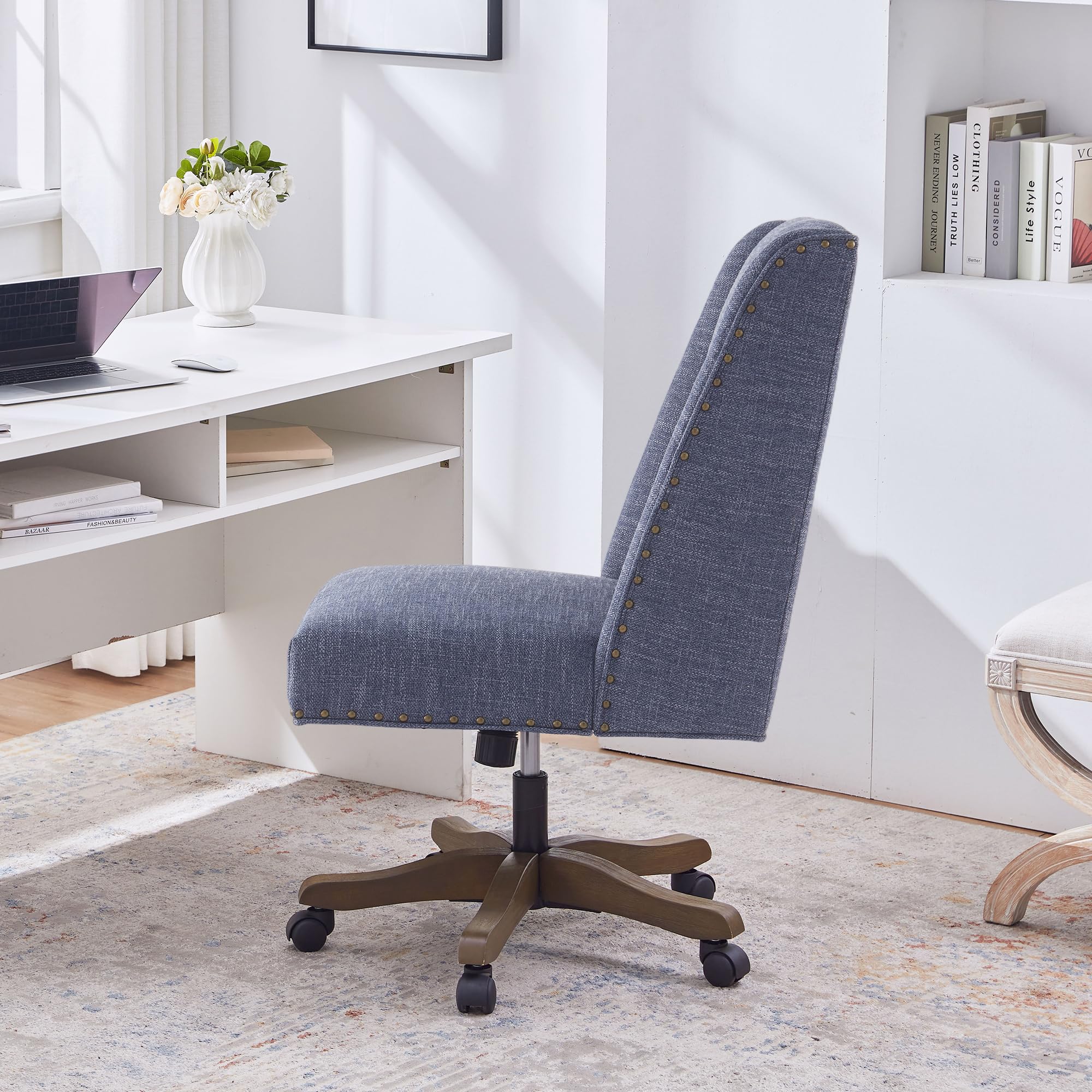 Armless Office Chair with Wooden Legs, Modern Adjustable Upholstered Office Desk Chair No Arms Computer Chair Swivel Chair for Home Office Study Studio (Blue)