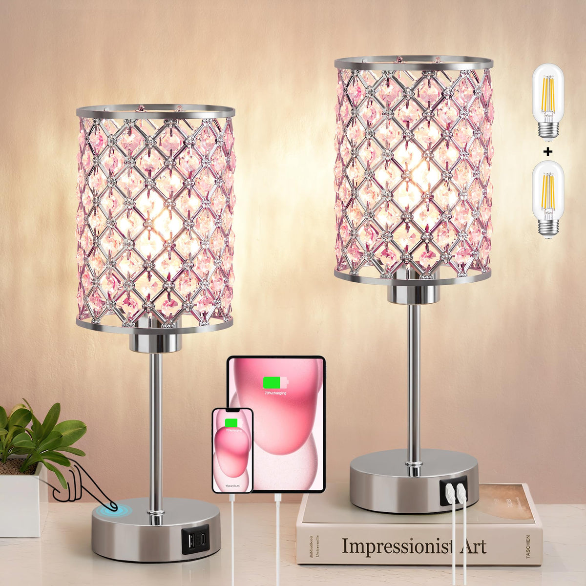 Pink Crystal Bedside Table Lamps Set of 2 with USB C+A Ports