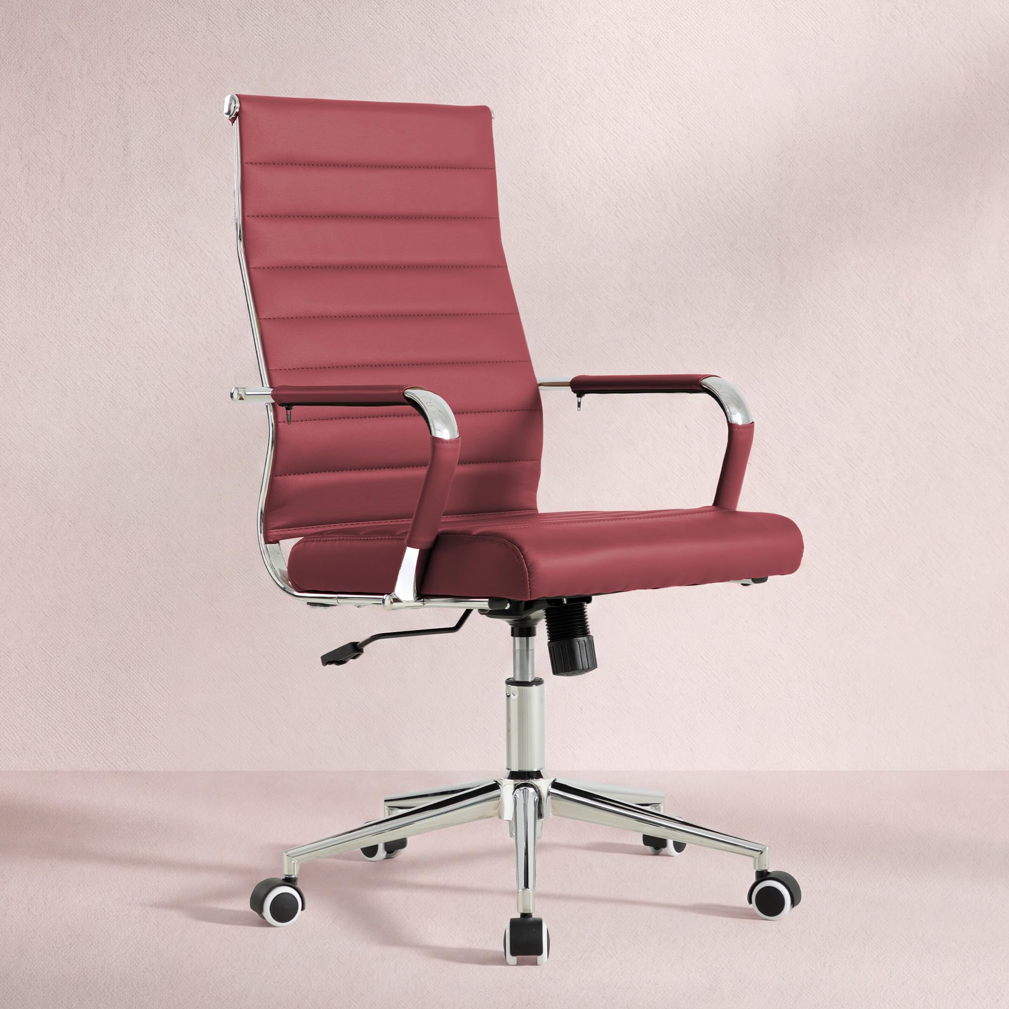 Red Office Desk Chair, Ergonomic Leather Modern Conference Room Chairs, Executive Ribbed Height Adjustable Swivel Rolling Chair for Home Office. (Red)