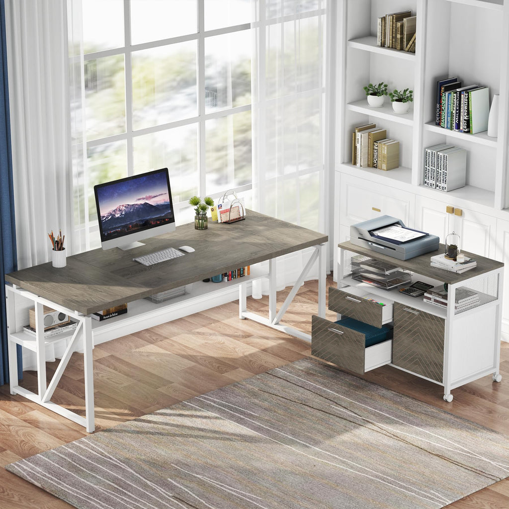 63" Executive Computer Desk and lateral File Cabinet, 2 Piece Home Office Furniture with Drawers for Hanging File, Doors with Locks (Dark Oak, 63-inches)