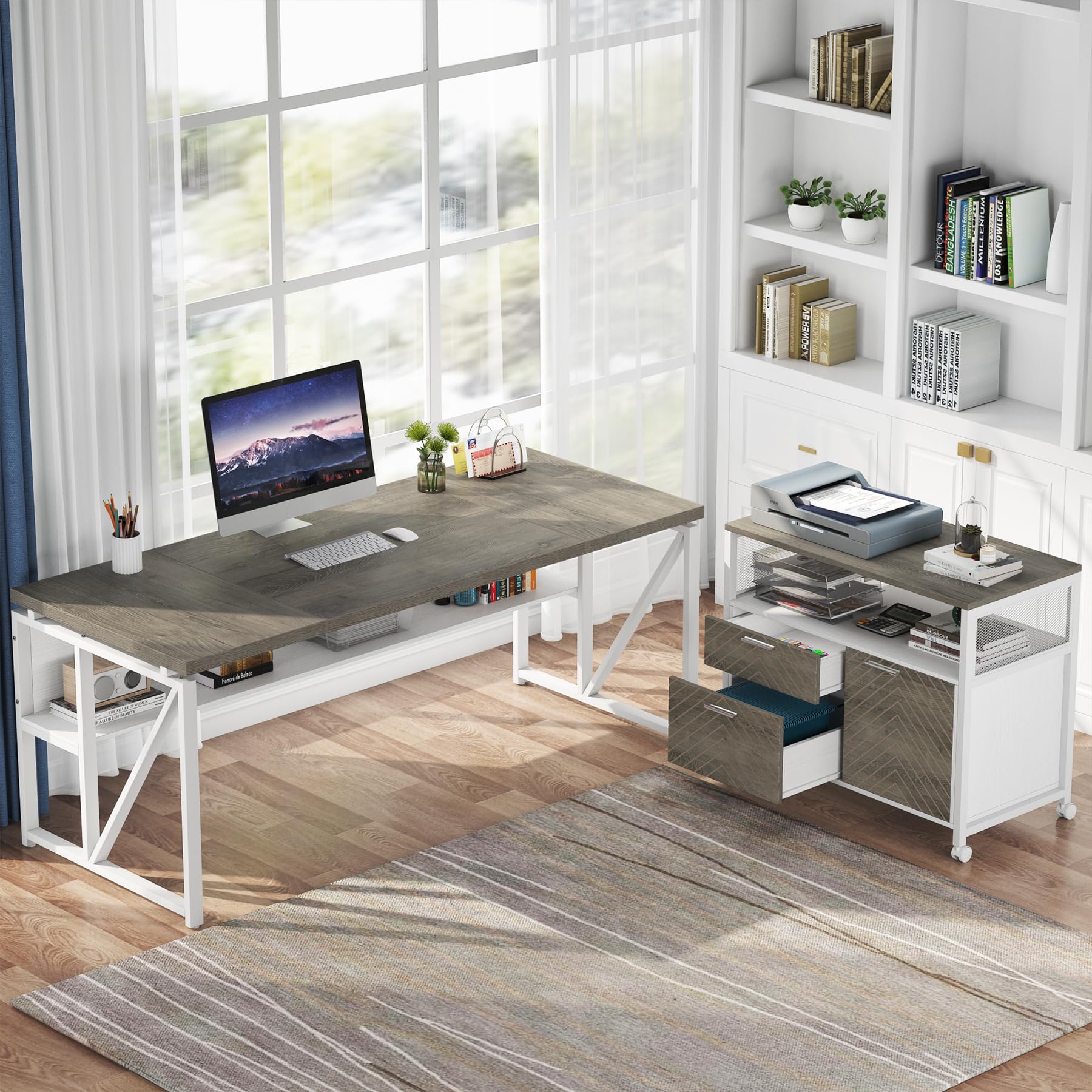 63" Executive Computer Desk and lateral File Cabinet, 2 Piece Home Office Furniture with Drawers for Hanging File, Doors with Locks (Dark Oak, 63-inches)