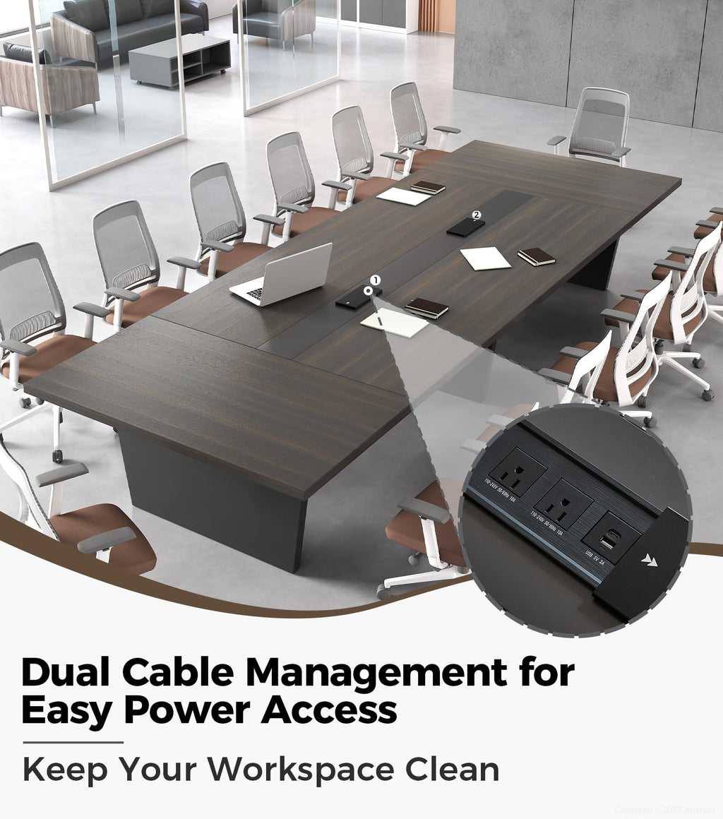 10FT Conference Table, Large Meeting Table for 10 People, Business Style Training Table with Charging Stations & 2" Thickened TableTop for Office Conference (Smoked Walnut & Gray, 118"L * 51"W * 30"H)