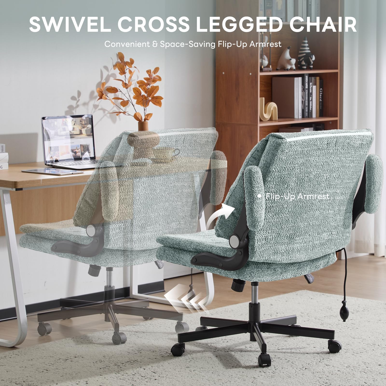 Criss Cross Office Chair with 2 in 1 Inflatable Flip-up Back, Ergonomic Wide Seat Desk Chair with Adjustable Arms and Wheels, Cross Legged Office Chair for Home & Office, Light Green