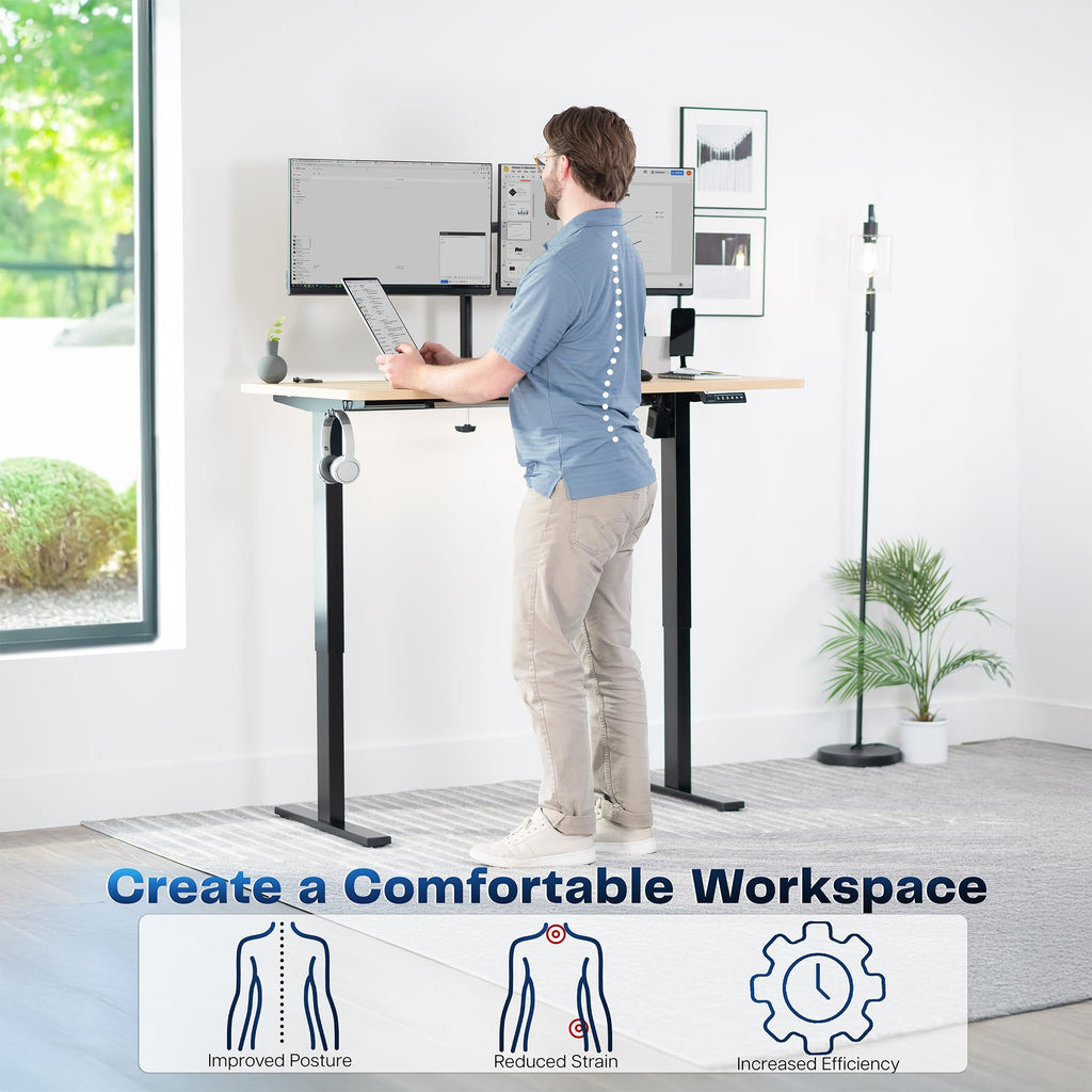 Electric 55 x 28 in Standing Desk, Memory Height Adjustment, 1B Series, Holds 220 lbs, One-Piece Light Wood Top, Black Frame
