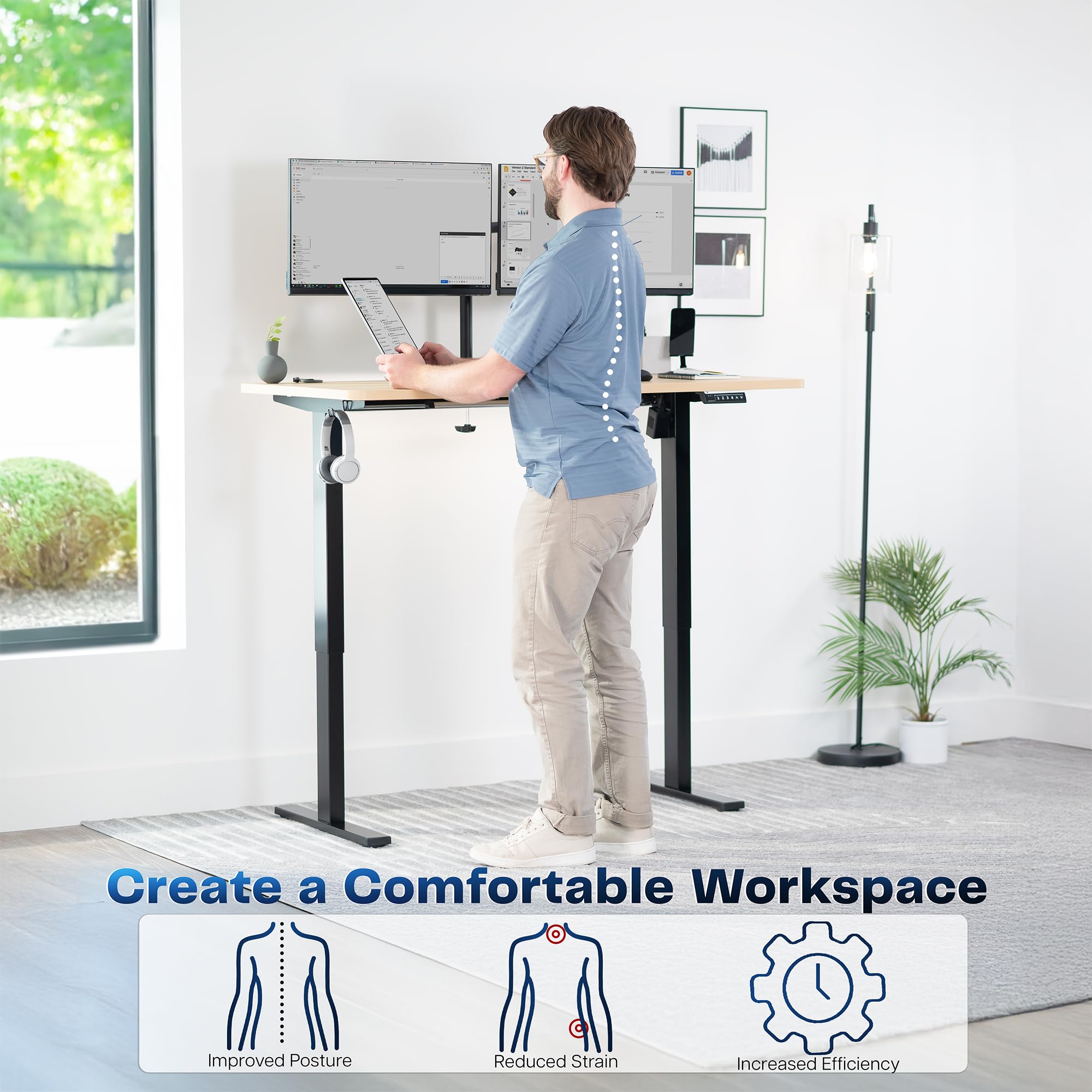 Electric 55 x 28 in Standing Desk, Memory Height Adjustment, 1B Series, Holds 220 lbs, One-Piece Light Wood Top, Black Frame