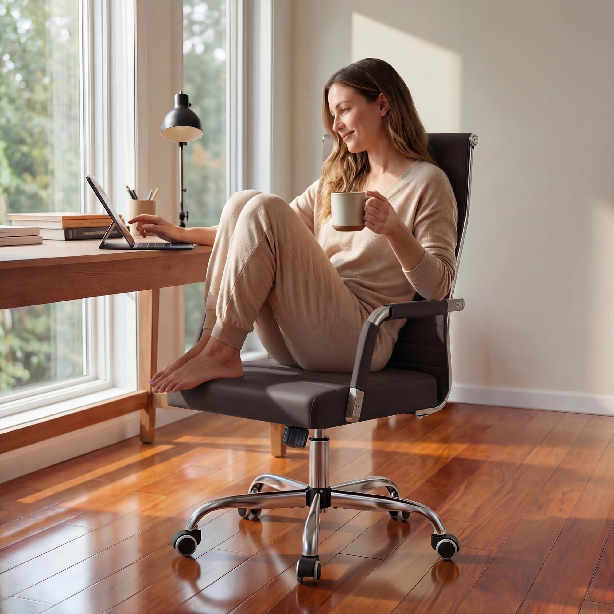 Ergonomic Office Desk Chair, Executive Ribbed Mid-Back PU Leather Conference Room Chair Adjustable Swivel Chair with Arms (1, Brown)