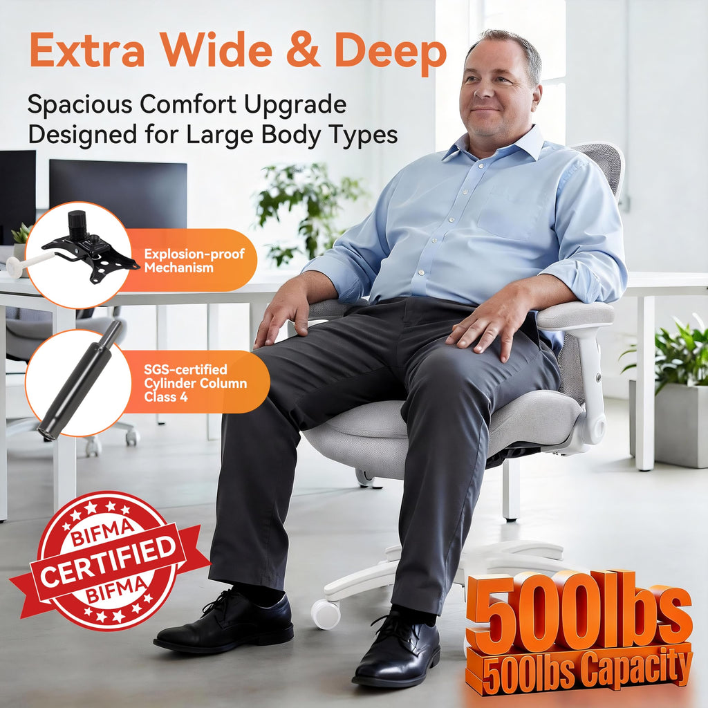 Big and Tall Office Chair 500lbs Heavy Duty Ergonomic Mesh Desk Chair with 23.6" Extra Wide Seat, 29.5" High Back, Adjustable Lumbar Support Flip-Up Arms for Large Body Types(Light Gray)