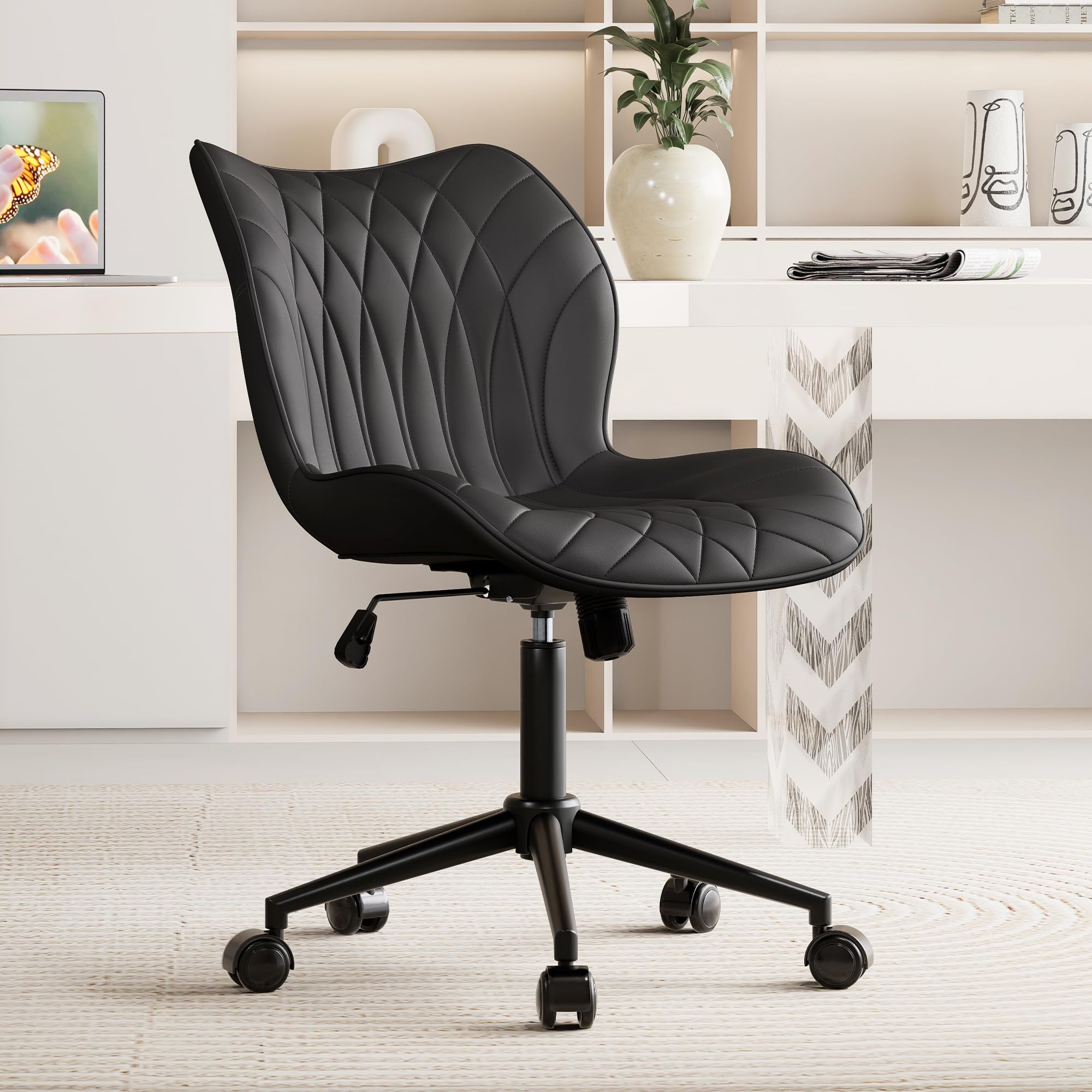 Armless Desk Chair Comfy Office Chair with Wheels Home Ergonomic Task Chair Adjustable Computer Chairs Modern Faux Leather Swivel Chair Upholstered Makeup Vanity Chair with Back(Black)