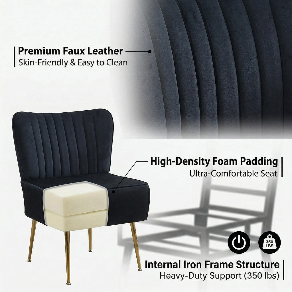 Modern Velvet Accent Chairs Set of 4, Comfy Slipper Chair with Heavy Duty Iron Frame & Gold Legs, Mid Century Side Sofa Chair for Living Room Bedroom Vanity(Black)