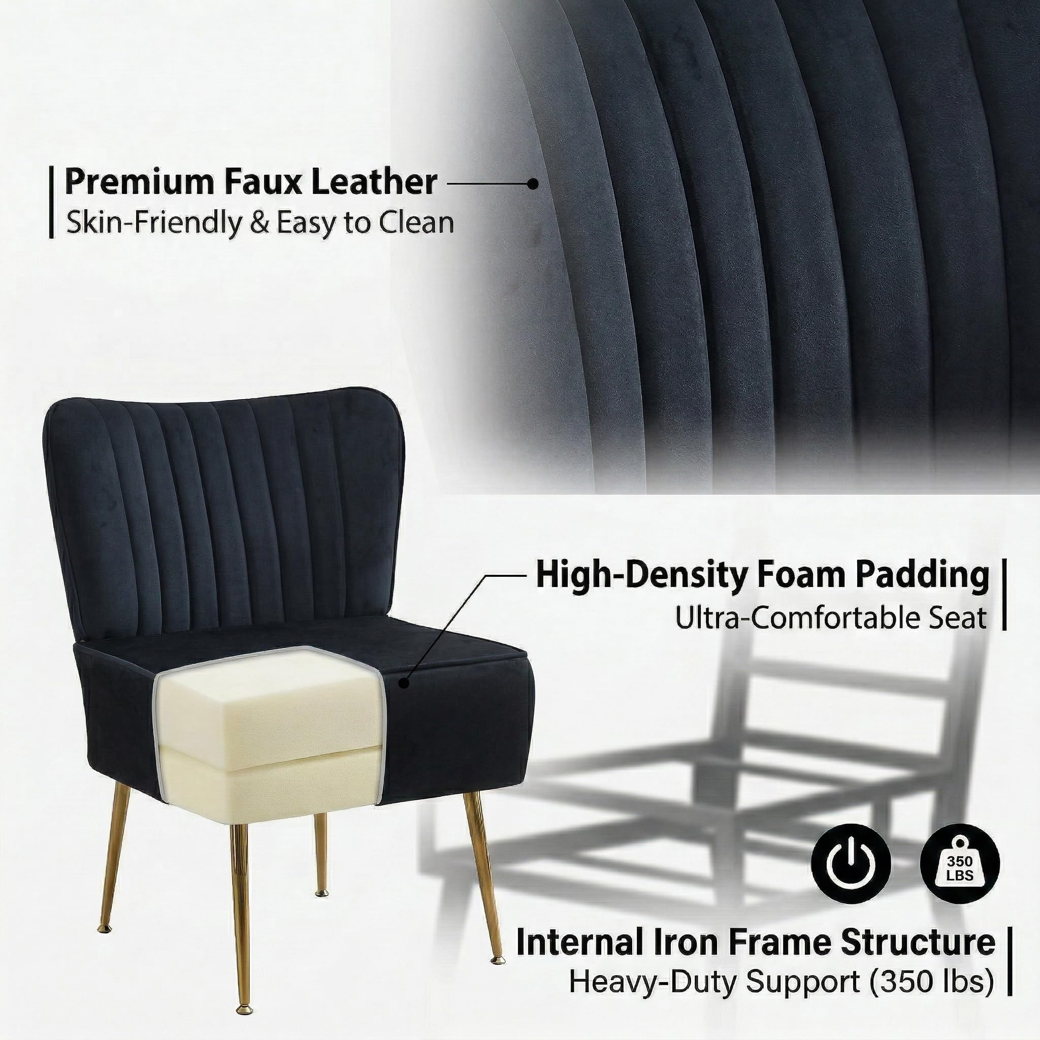 Modern Velvet Accent Chairs Set of 2, Comfy Slipper Chair with Heavy Duty Iron Frame & Gold Legs, Mid Century Side Sofa Chair for Living Room Bedroom Vanity(Black)