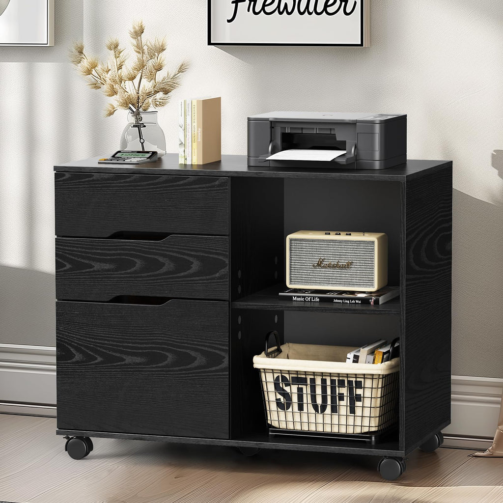Wood File Cabinet with 3 Drawers, Rolling Printer Stand