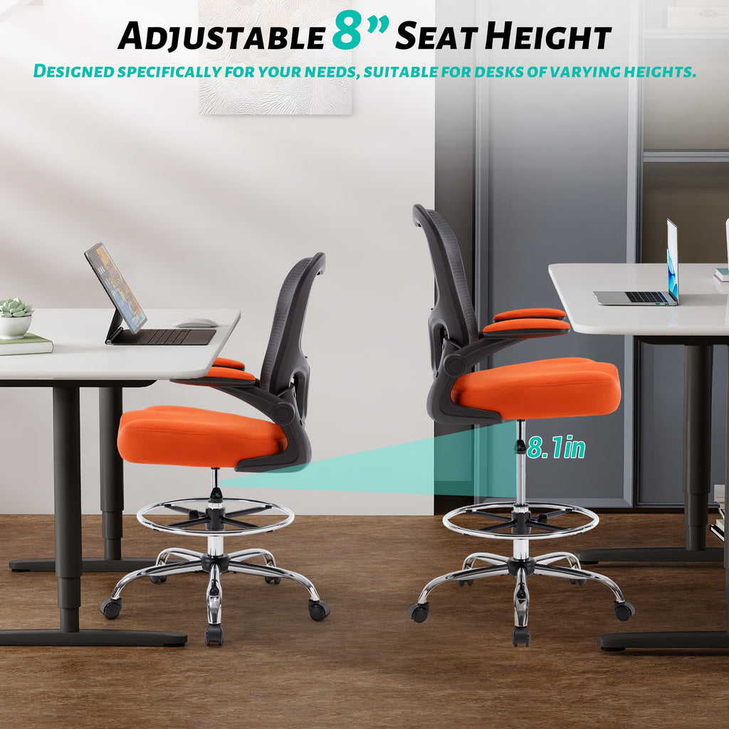 500LBS Ergonomic Drafting Chair Tall Office Chair for Counter Height or Standing Desk, Executive High Office Chairs with W-Shaped Thick Seat Cushion, Footrest Ring & Breathable Mesh, Orange