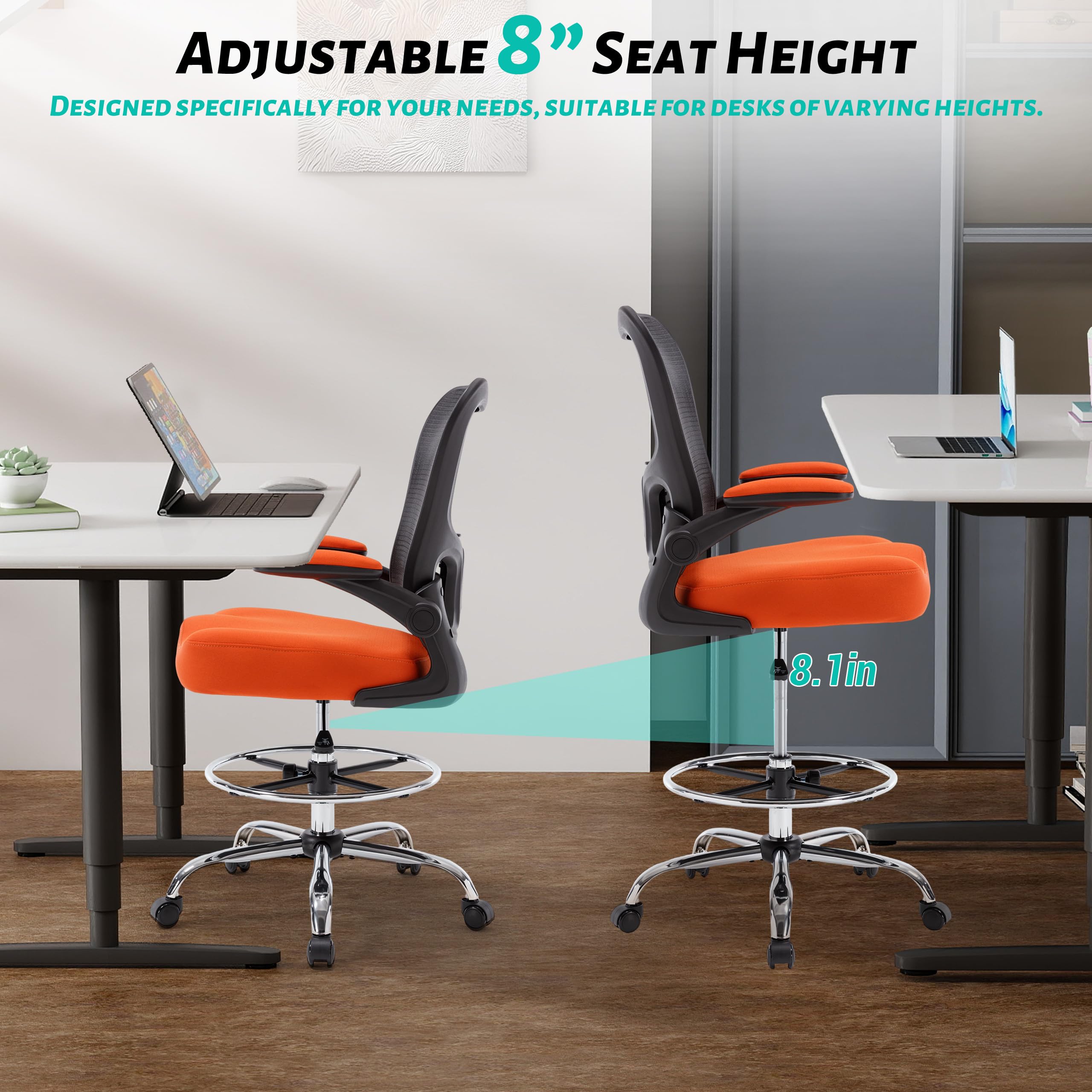 500LBS Ergonomic Drafting Chair Tall Office Chair for Counter Height or Standing Desk, Executive High Office Chairs with W-Shaped Thick Seat Cushion, Footrest Ring & Breathable Mesh, Orange