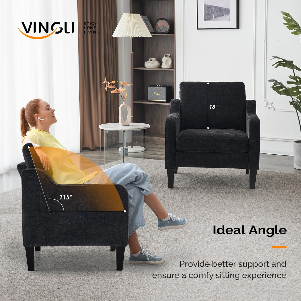 Mid-Century Modern Accent Chair, Black Chenille, 30" (W) x 30.7" (D) x 33" (H), 1 Seat, 380 lbs Weight Capacity