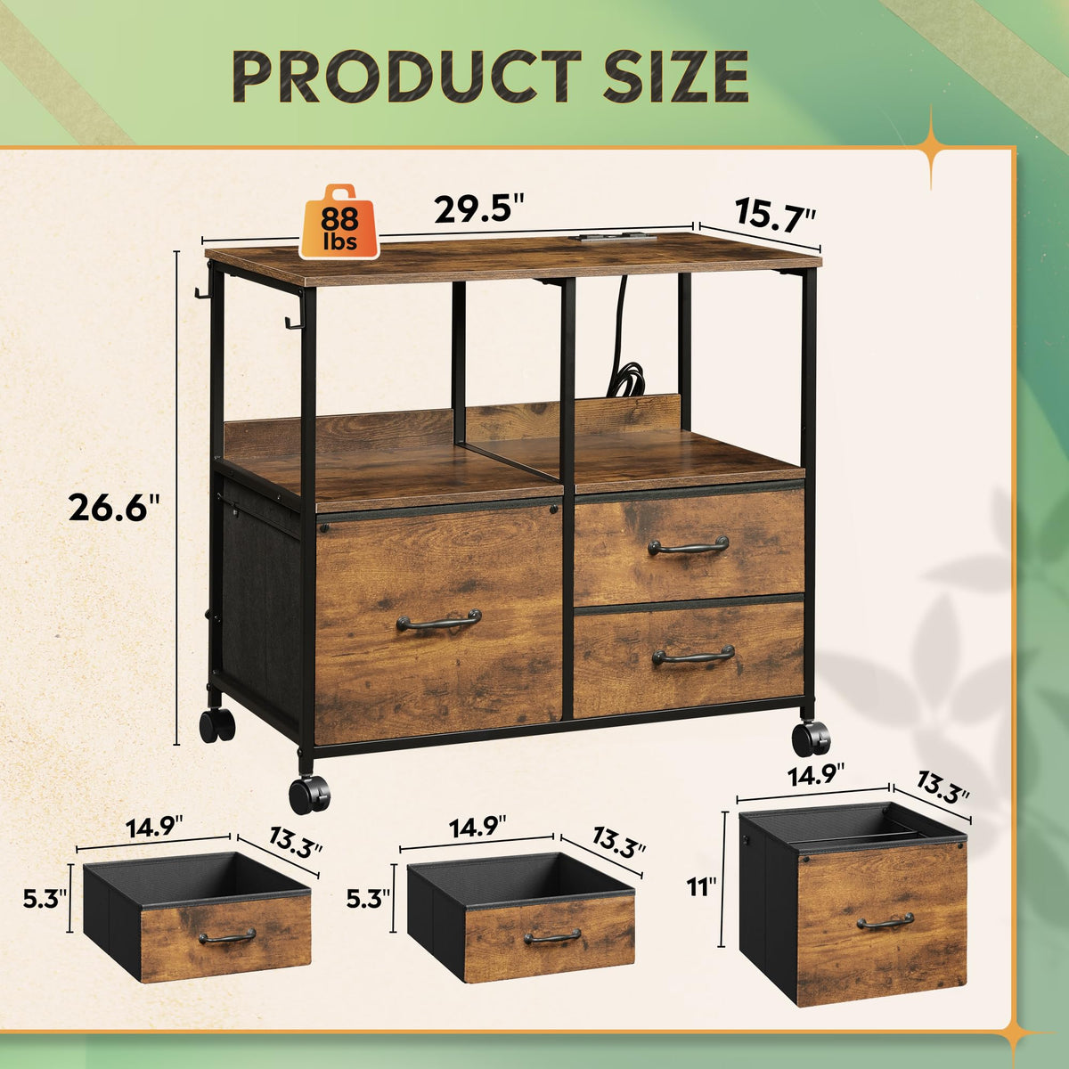 3 Drawer Mobile File Cabinet with Storage Shelf, Charging Station