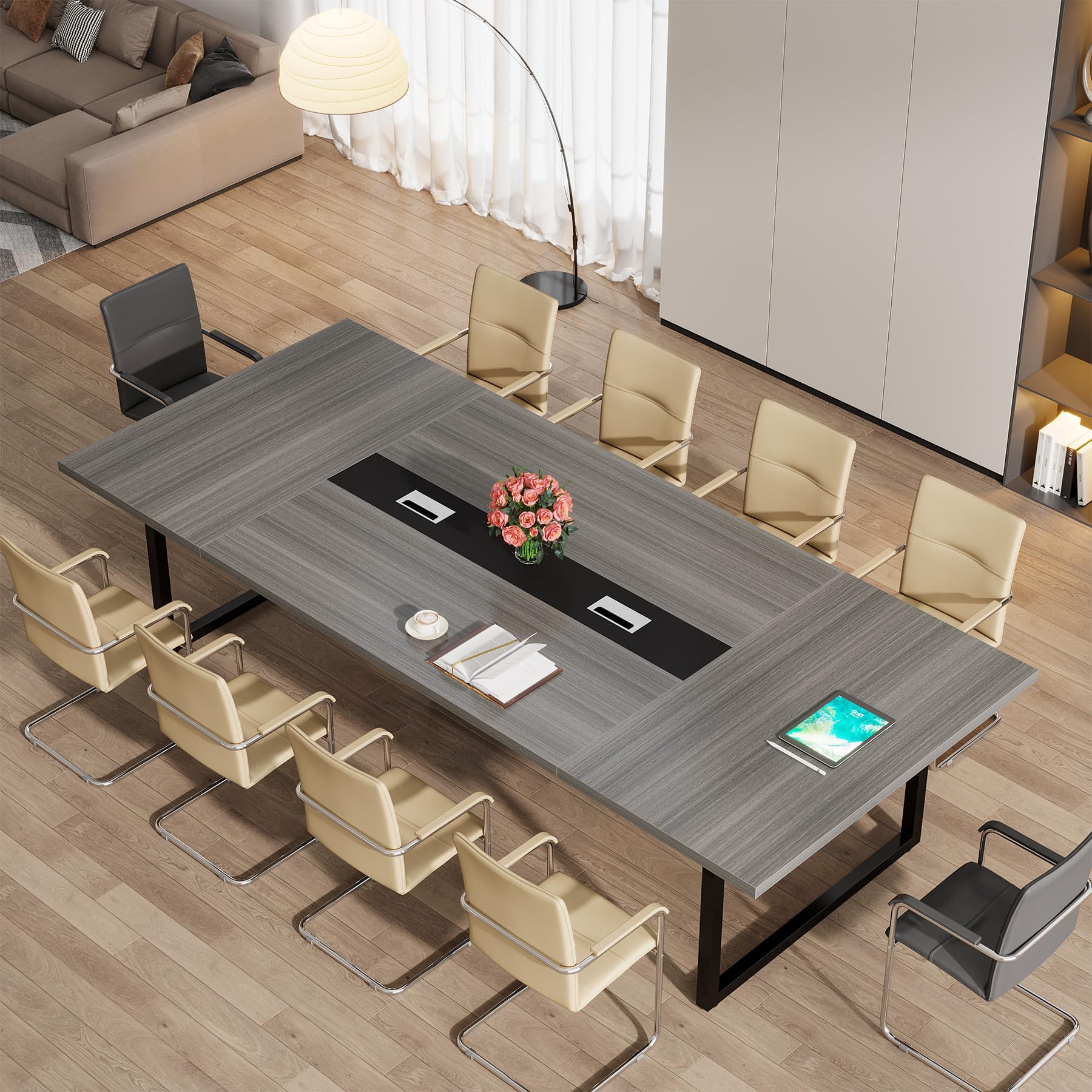 8FT Conference Table Set of 2, Large Meeting Podcast Table for 10 People, Business Style Wooden Training Table with Strong Metal Frame for Office Conference