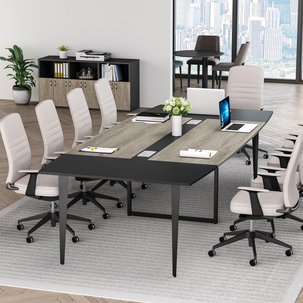 8FT Conference Table, 94.48L x 47.21W x 29.52H Inches Boat Shaped Meeting Table with Rectangle Grommet, Modern Seminar Boardroom Table for Office Conference Room (Grey & Black, 8ft)