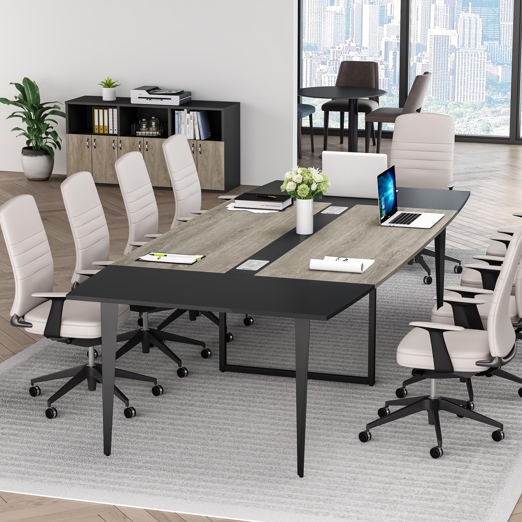 8FT Conference Table, 94.48L x 47.21W x 29.52H Inches Boat Shaped Meeting Table with Rectangle Grommet, Modern Seminar Boardroom Table for Office Conference Room (Grey & Black, 8ft)