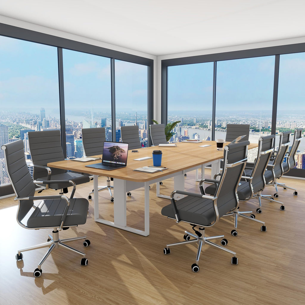 Office Chair Ribbed, Modern Leather Conference Waiting Room Chairs,Ergonomic Office Desk Chair, High Back Executive Computer Chair, Adjustable Swivel Chair with Arms (Gray)
