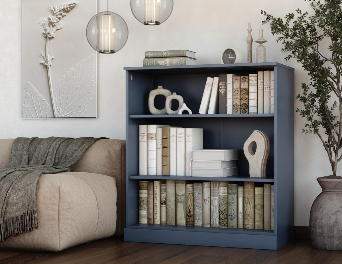 Solid Wood Bookcase - 3-Tier Bookshelf, 36" H x 32” W - Antique Blue, Modular Storage Display, Eco-Friendly Solid Wood, Made in Brazil