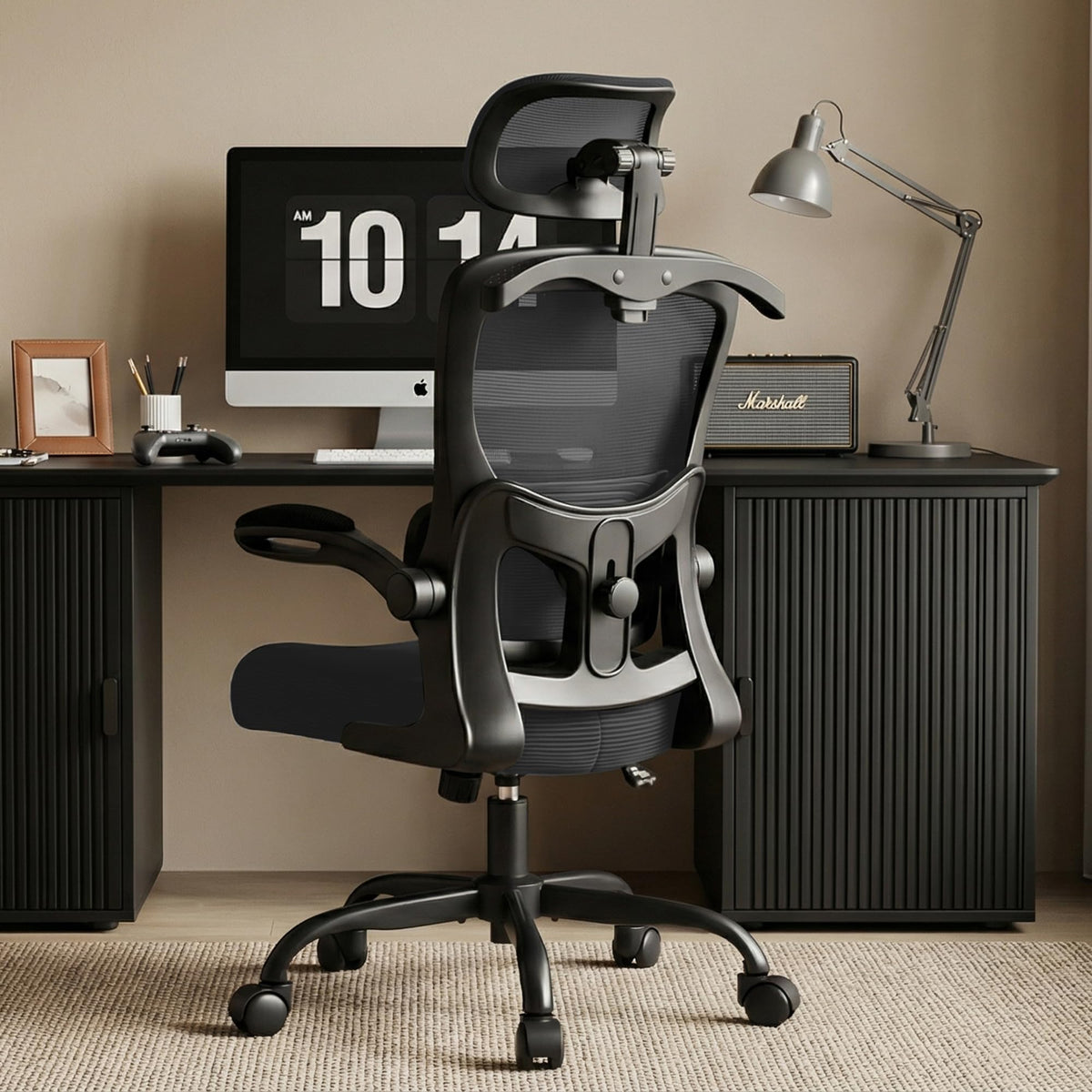 Office Chair Ergonomic Desk Chairs with Adjustable Lumbar Support& Headrest Hanger, High Back Breathable Mesh Chair with Wheels, Rolling Swivel Comfy Task Computer Chair for Home Work Gaming