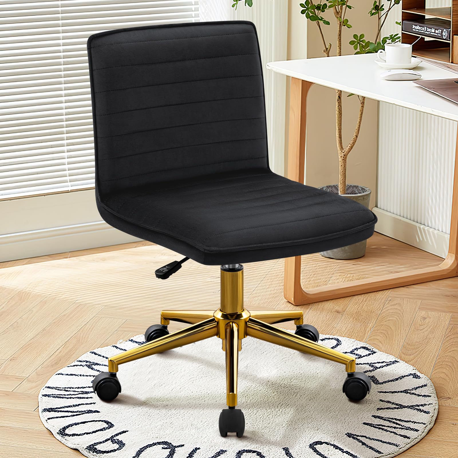 Office Desk Chair, Armless Desk Chair with Wheels Soft Velvet Adjustable Height, Comfy Computer Rolling Chairs with Gold Metal Base Stool,Black