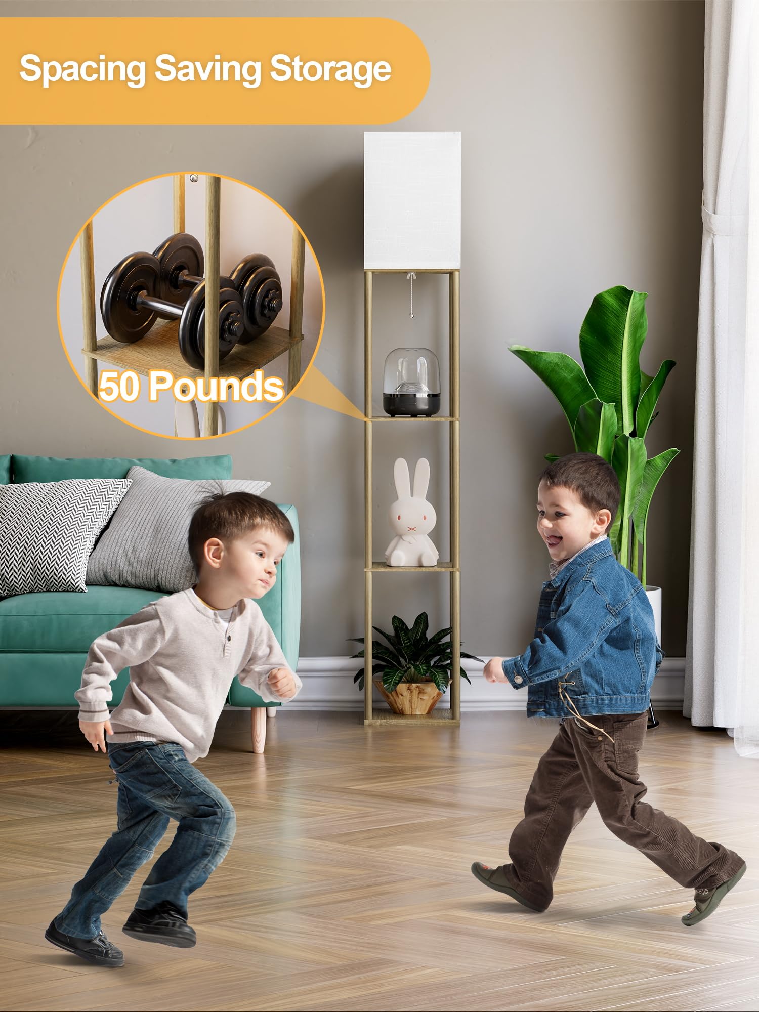 Floor Lamp with Shelves for Living Room Natural Wood, Shelf Floor Lamp with 3 CCT LED Bulb, Corner Display Standing Column Lamp Etagere Organizer Tower Nightstand with White Linen Shade for Bedroom