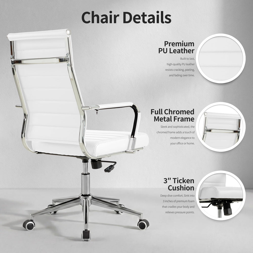 White Office Desk Chair, Ergonomic Leather Modern Conference Room Chairs, Executive Ribbed Height Adjustable Swivel Rolling Chair for Home Office.