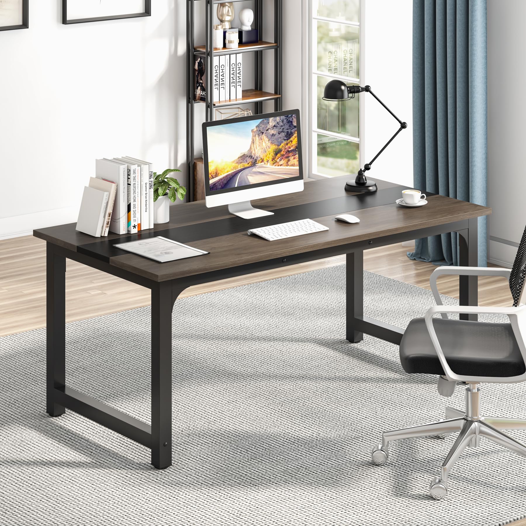 63” Executive Desk, Large Office Computer Desk with Thicken Frame, Modern Simple Workstation Business Furniture for Home Office, Vintage Grey/Black