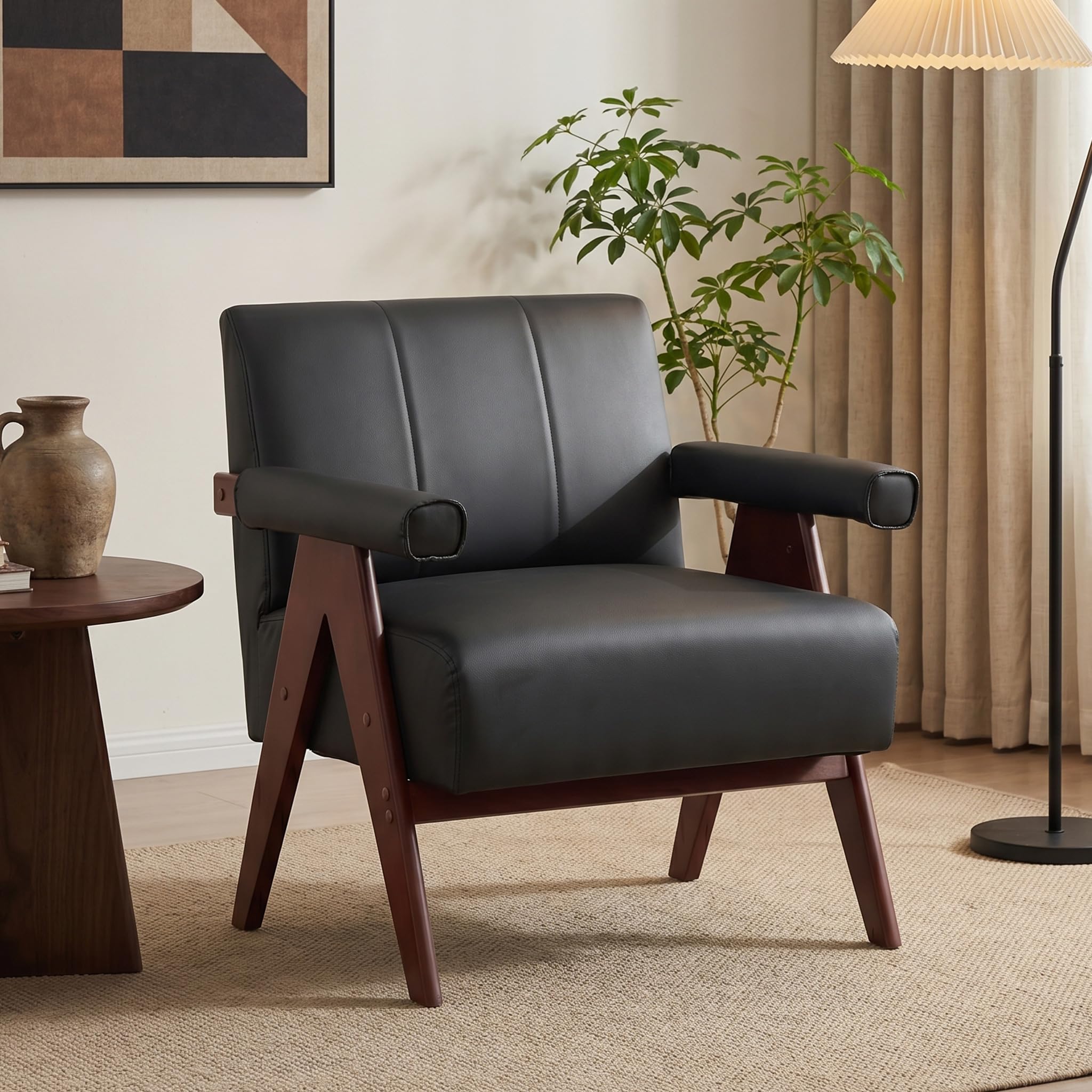 Black Leather Accent Chair,Mid Century Modern Accent Chair, Solid Wood Frame Black Leather Armchair, Modern Reading & Living Room Chair for Office Guest & Waiting Room