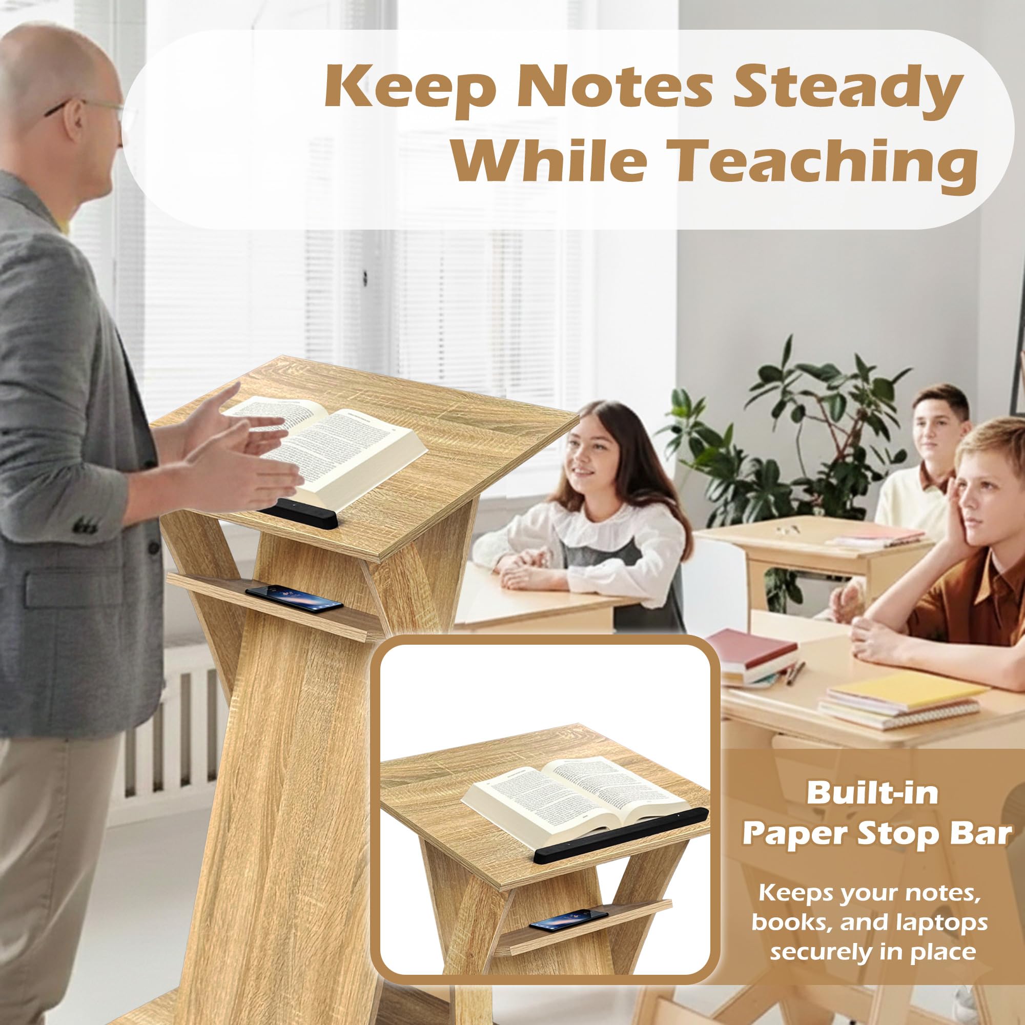 Wooden Podium Stand with Lockable Wheels, Mobile Lectern Pulpit with Storage Shelf for Church, Classroom, Office, and Conference Room