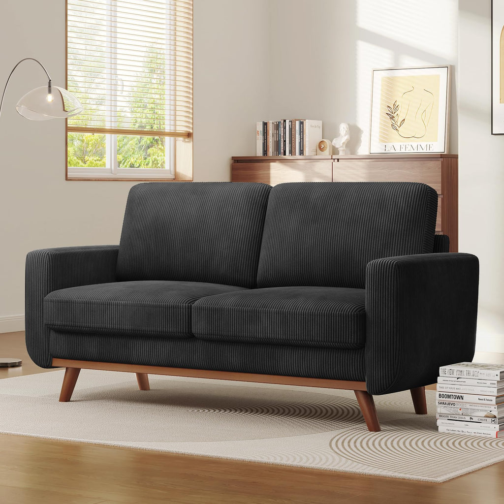 68" Loveseat Sofa Black, Comfy Corduroy Couch with Spring Cushion and Solid Wood, Modern Extra Deep Seat for Bedroom, Living Room, Office