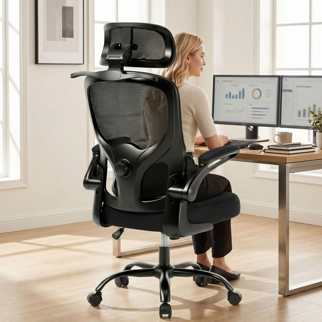 Ergonomic Office Chair, 330lbs Mesh Desk Chair with Adjustable Lumbar Support, 3D Headrest and Flip-Up Arms, Comfortable High Back Computer Chair for Home Office