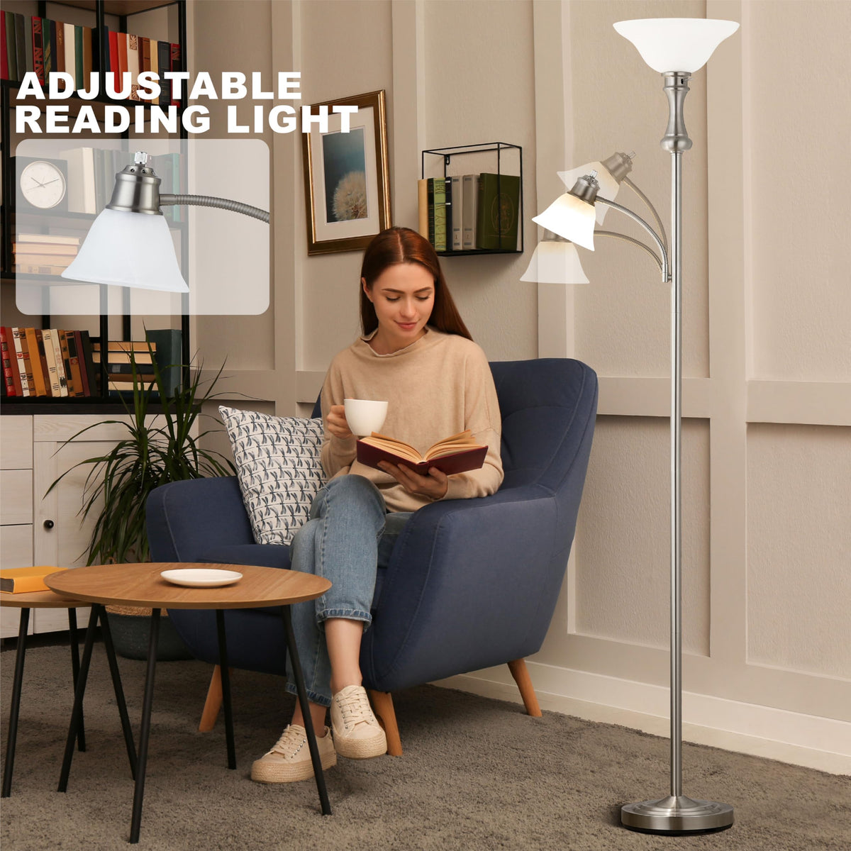 Torchiere Silver Floor Lamp with Adjustable Angle Reading Lamp-71IN