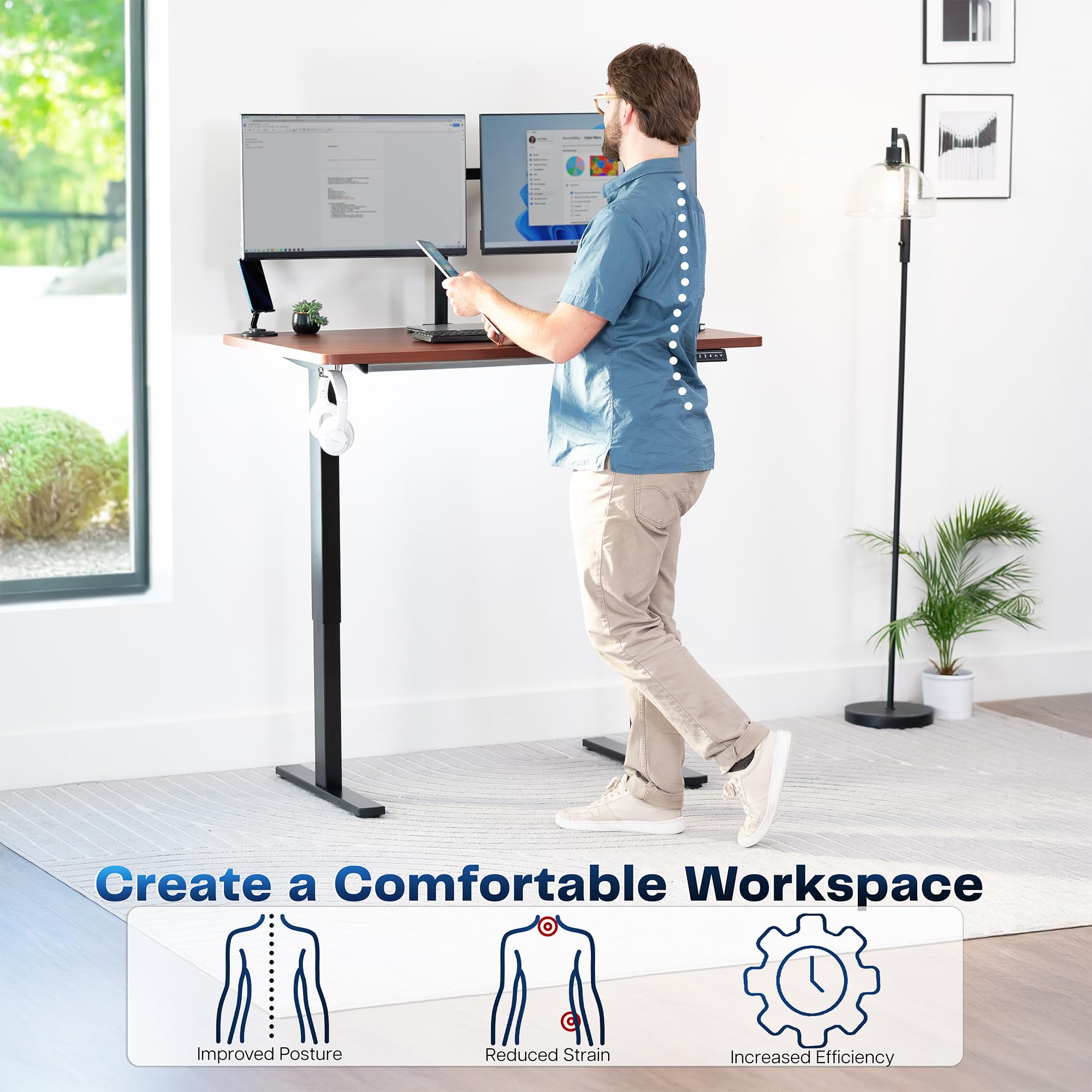 Electric 48 x 30 in Standing Desk, Memory Height Adjustment, 1B Series, Holds 220 lbs, One-Piece Dark Walnut Top, Black Frame