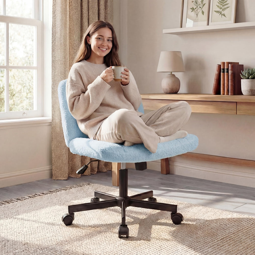 Criss Cross Chair Wheels Vanity Chair Office Desk Comfy Wide Cross Legged Armless Teddy Fabric Adjustable Swivel for Home Computer Task (Blue, Teddy Fleece)