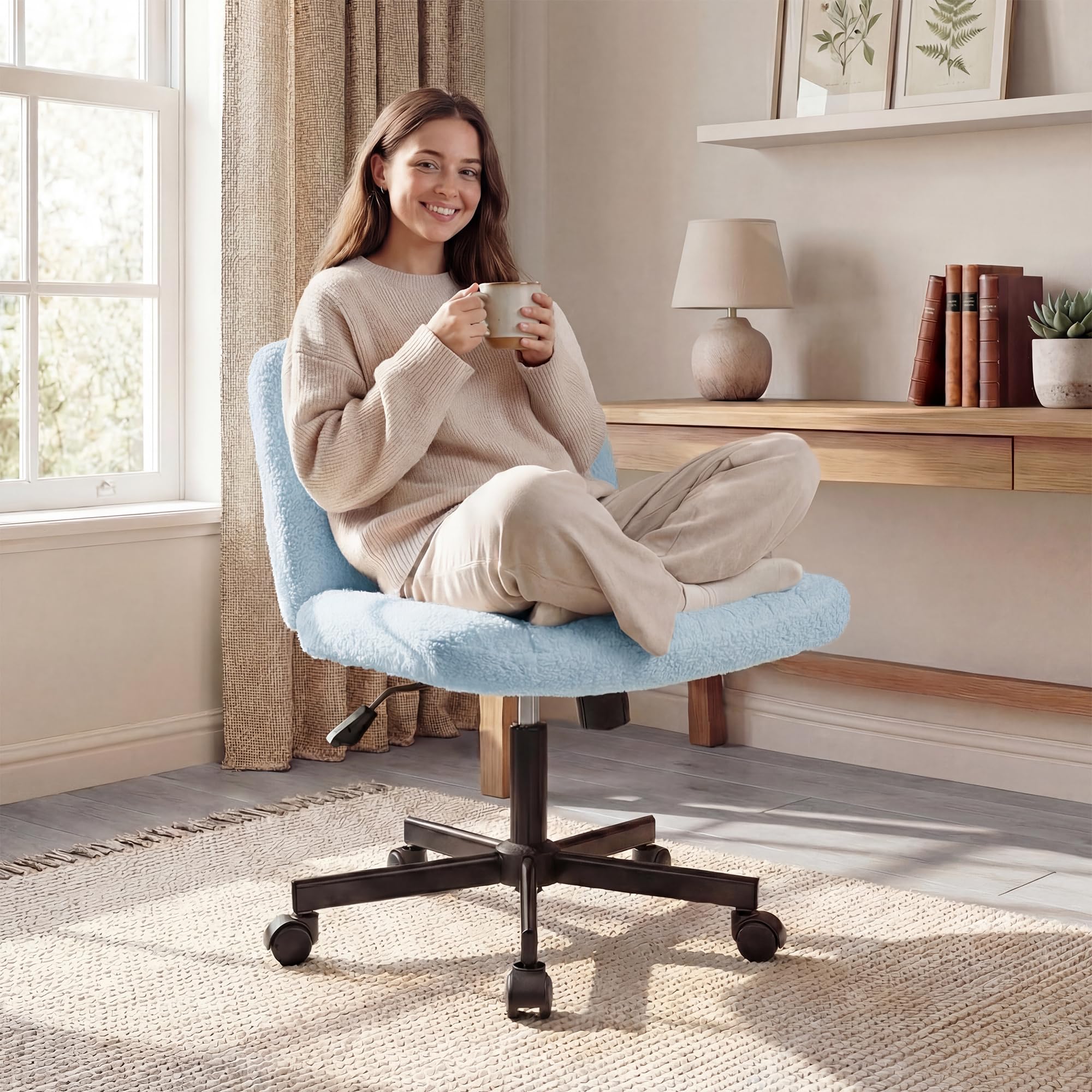 Criss Cross Chair Wheels Vanity Chair Office Desk Comfy Wide Cross Legged Armless Teddy Fabric Adjustable Swivel for Home Computer Task (Blue, Teddy Fleece)