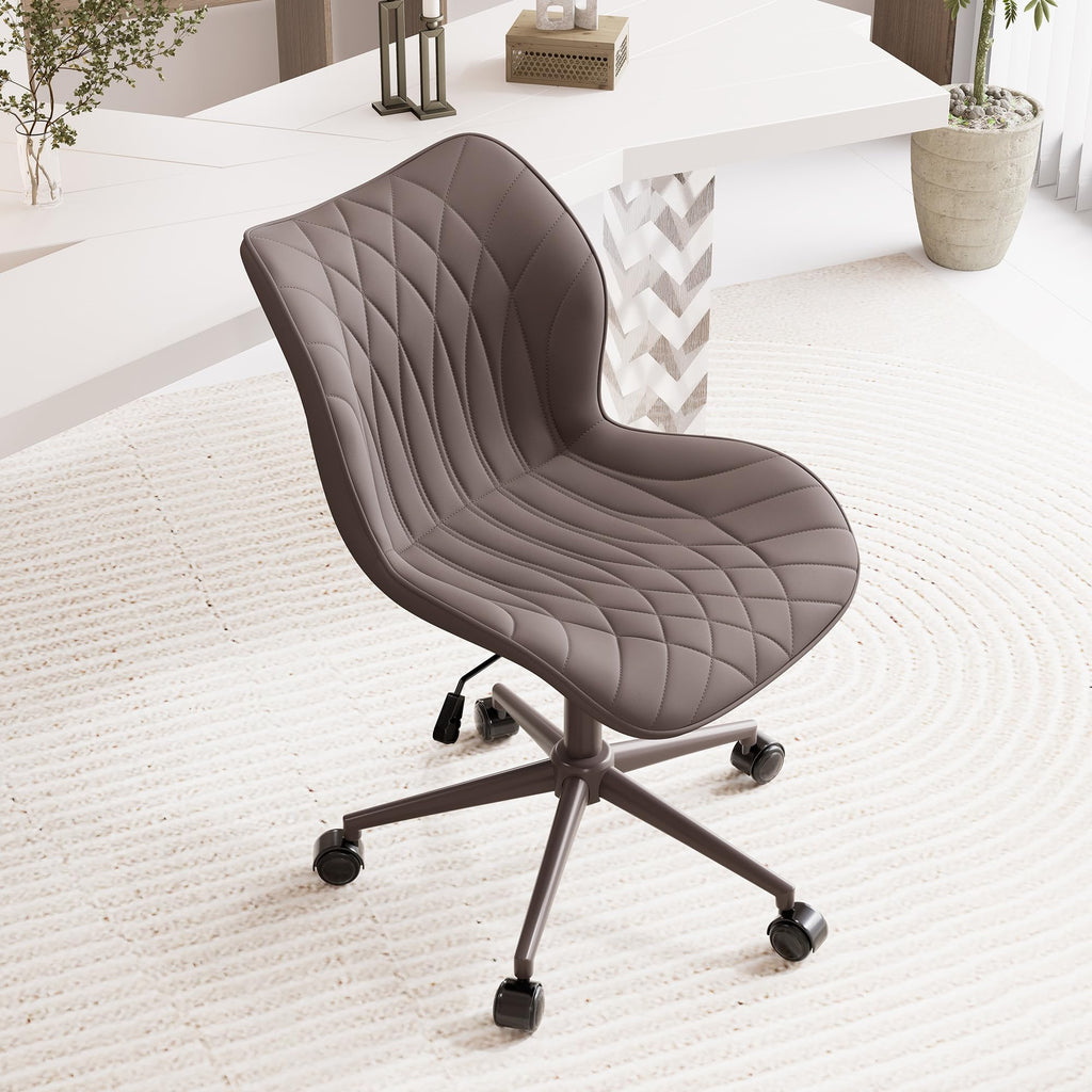 Armless Desk Chair Comfy Office Chair with Wheels Home Ergonomic Task Chair Adjustable Computer Chairs Modern Faux Leather Swivel Chair Upholstered Makeup Vanity Chair with Back(Brown)