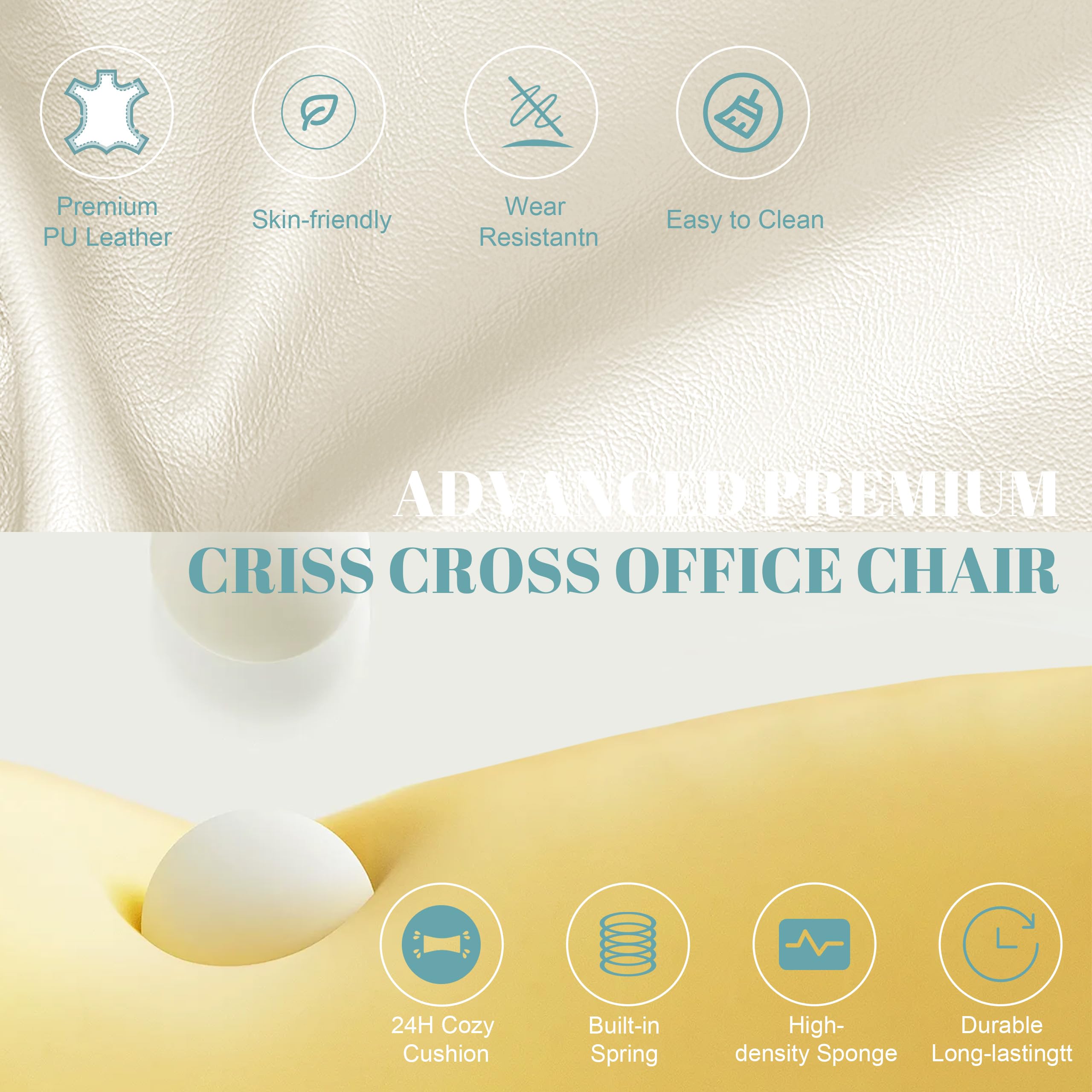 Flip Armrests Criss Cross Office Chair, Reclining Office Chair with Foot Rest, Adjustable Headrest, Massage Waist Pillow, Cross Legged Big and Tall Desk Chair Wide Seat Vanity Chair, PU Leather White