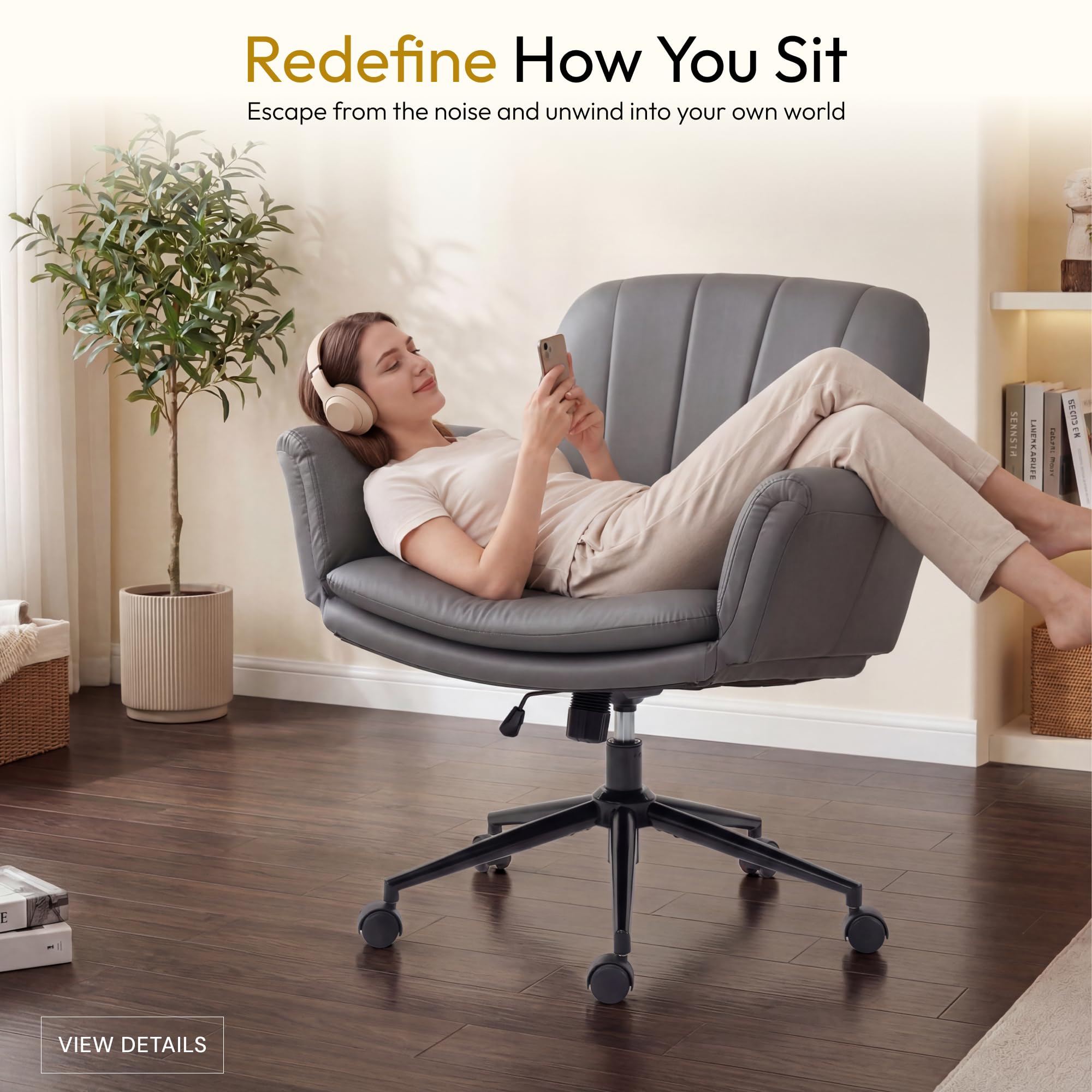 Criss Cross Chair with Five-Level Adjustable Arms and Wheels - Comfortable Ergonomic PU Leather Swivel Vanity Chair - Computer Makeup Gaming Chair for Home Office, Bedroom, Vanity Room (Grey)