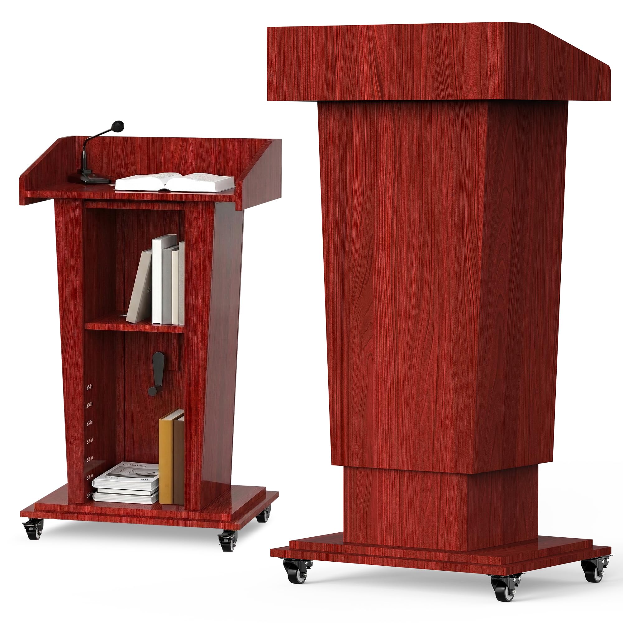 Wooden Podium Stand with Wheels, 41”–54.5” Height Adjustable Lectern, Mobile Podium with Crank Lift, Stable Base & Storage Shelf, Elegant Pulpit for Churches, Schools, Seminars and Auditoriums