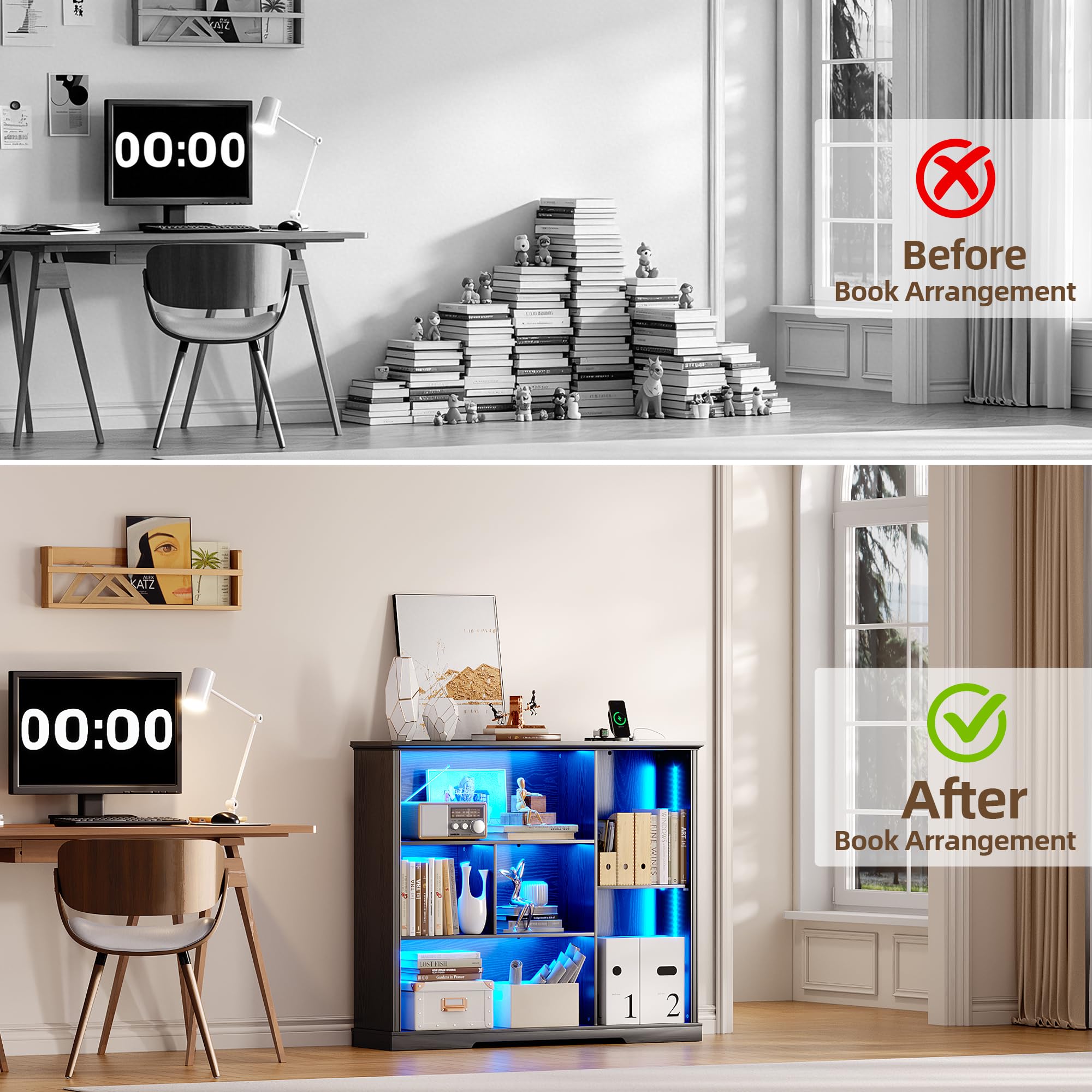 LED Display Bookcase with 3 Tiers and USB Charging - Black